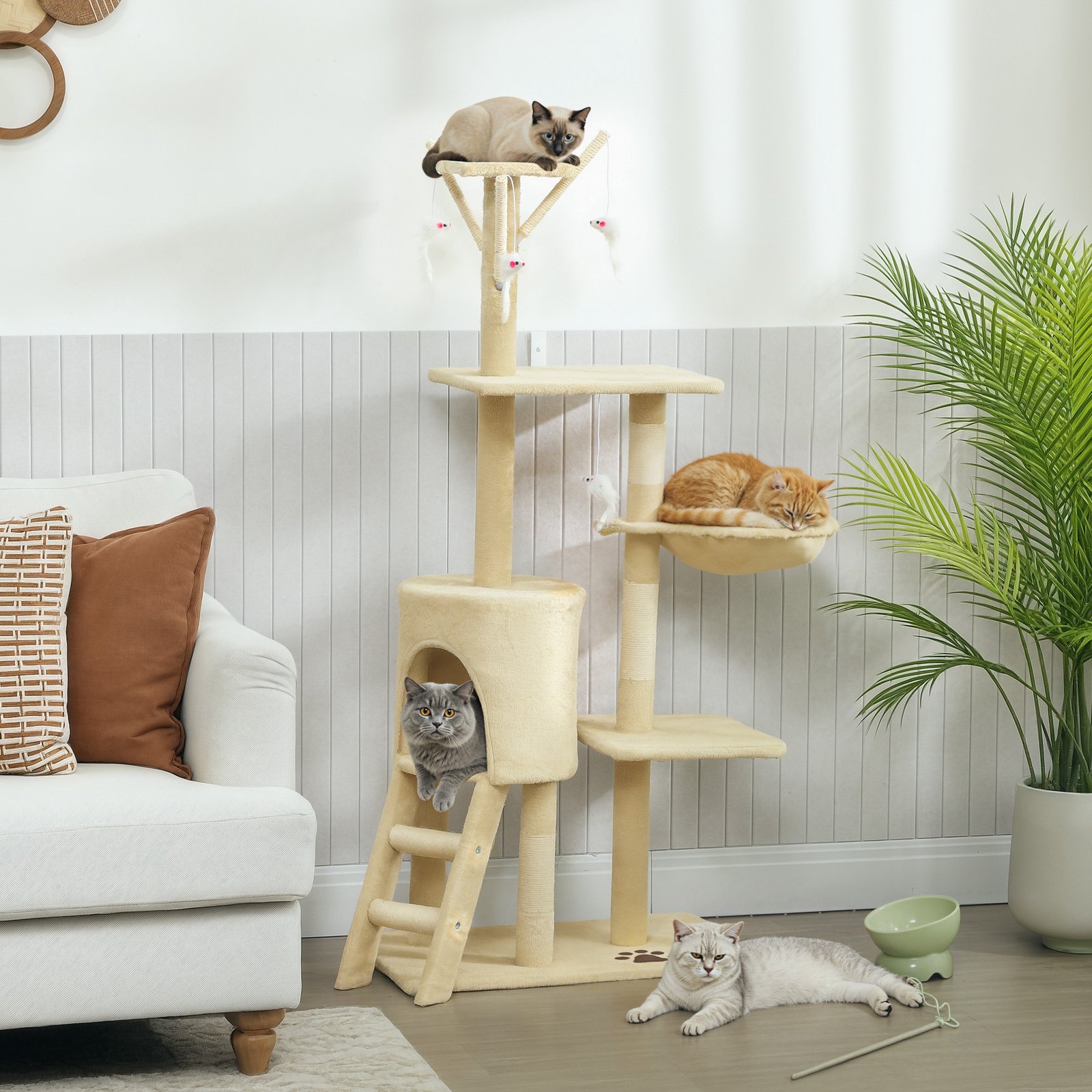 Multi-Level Cat Tower, 134cm Cat Tree with Condo and Sisal Scratching Posts for Indoor Kittens, Beige - Image 9