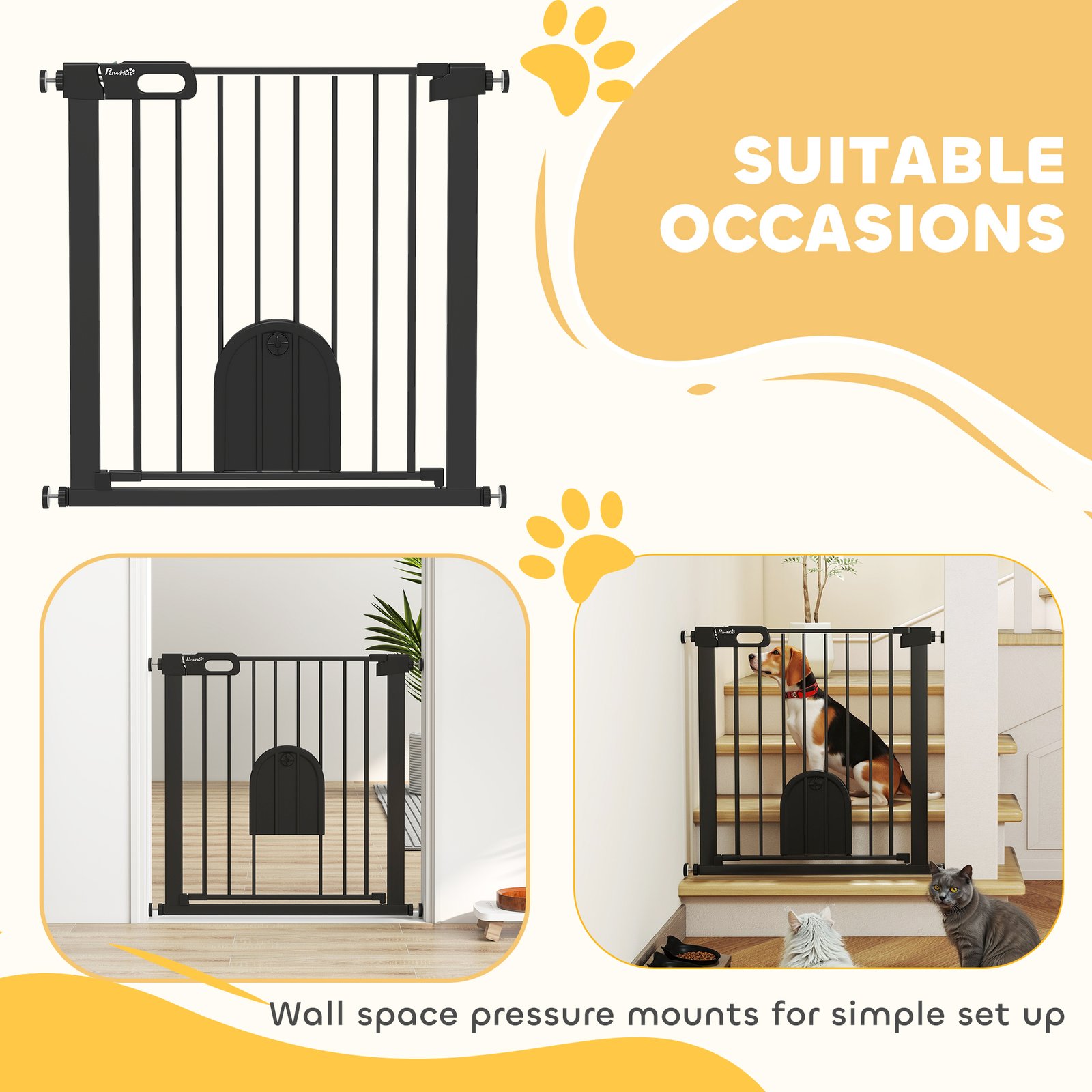 Dog Gate with Cat Flap Pet Safety Gate Barrier, Stair Pressure Fit, Auto Close, Double Locking, 75-82 cm Black