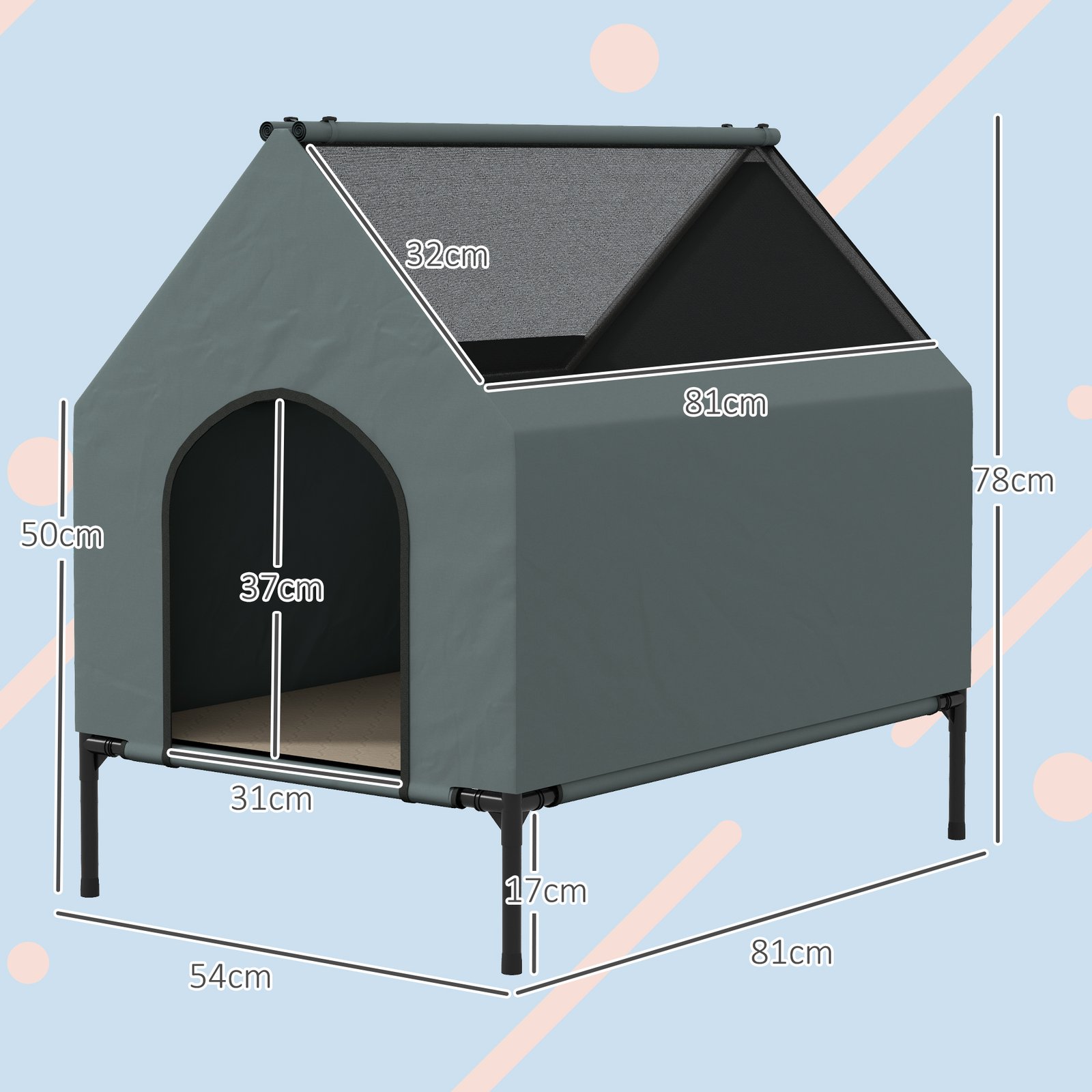 Dog House Outdoor Elevated Dog Bed with Removable Cover, Mesh Windows, Storage Bag, for S and M-Sized Dogs, Grey