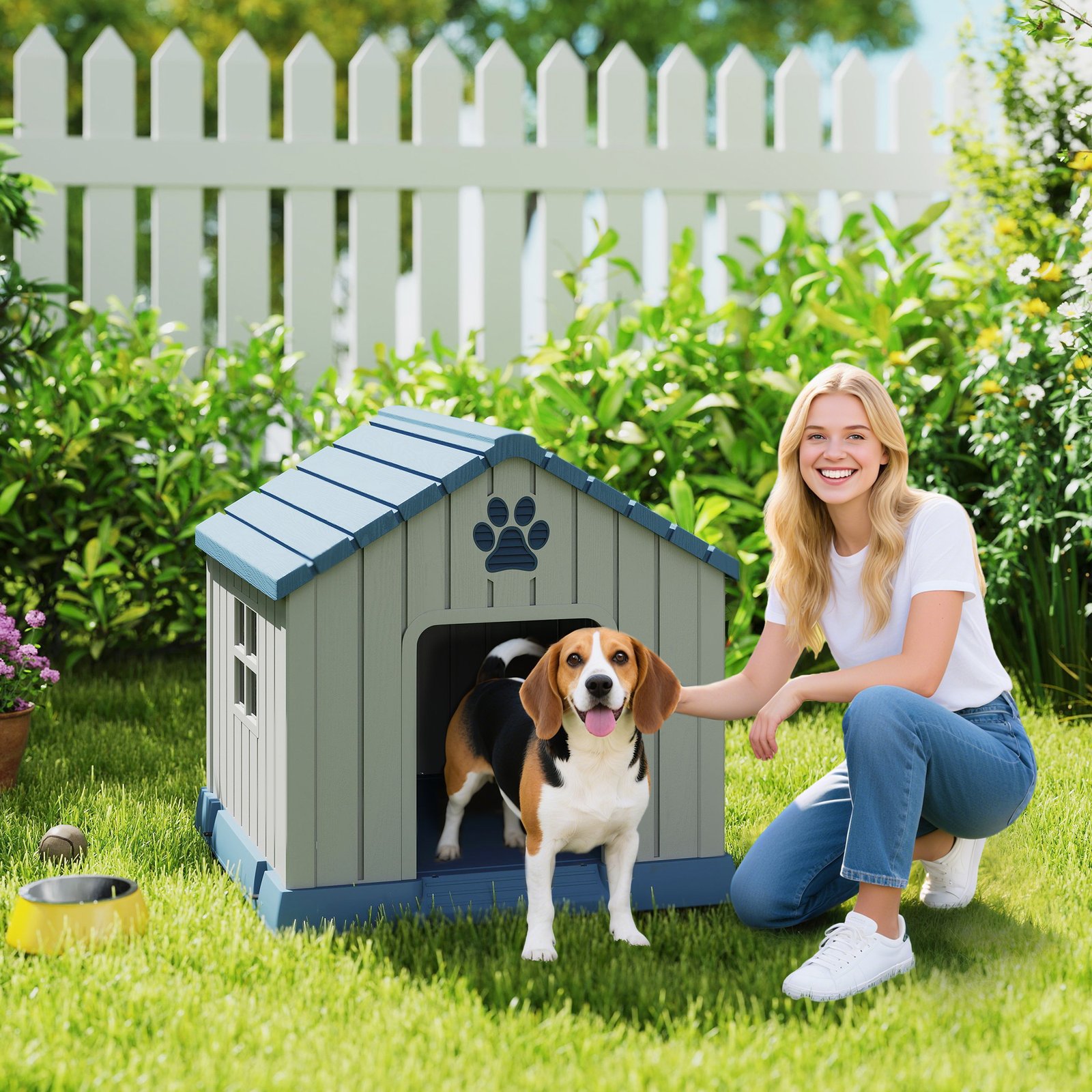 Dog Kennel Outdoor for Medium Dogs, Waterproof Plastic Dog House for Garden, Patio, 85 x 79 x 82 cm, Grey
