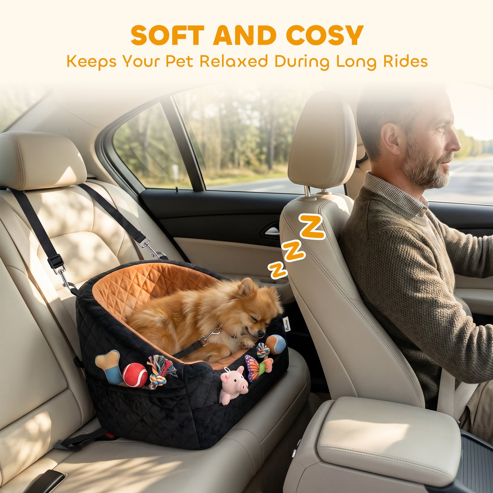 Dog Car Seat, Detachable Washable Dog Booster Seat with Thick Cushion, Seat Belt, Pockets for Small Under 10kg, Brown