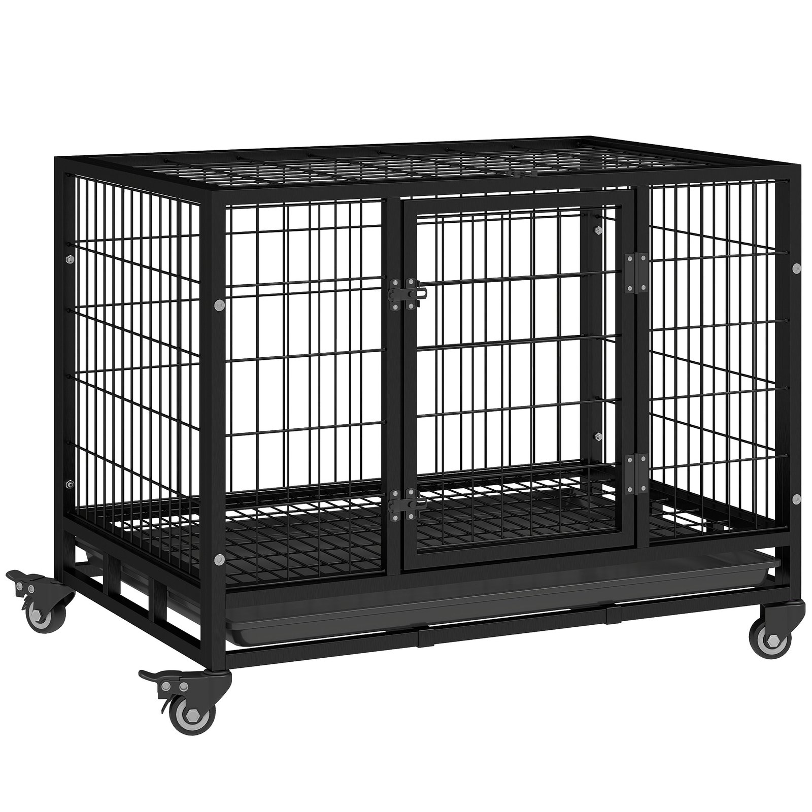 36" Heavy Duty Metal Dog Crate Pet Cage with Tray Wheeled Dog Kennel - Black (Medium)