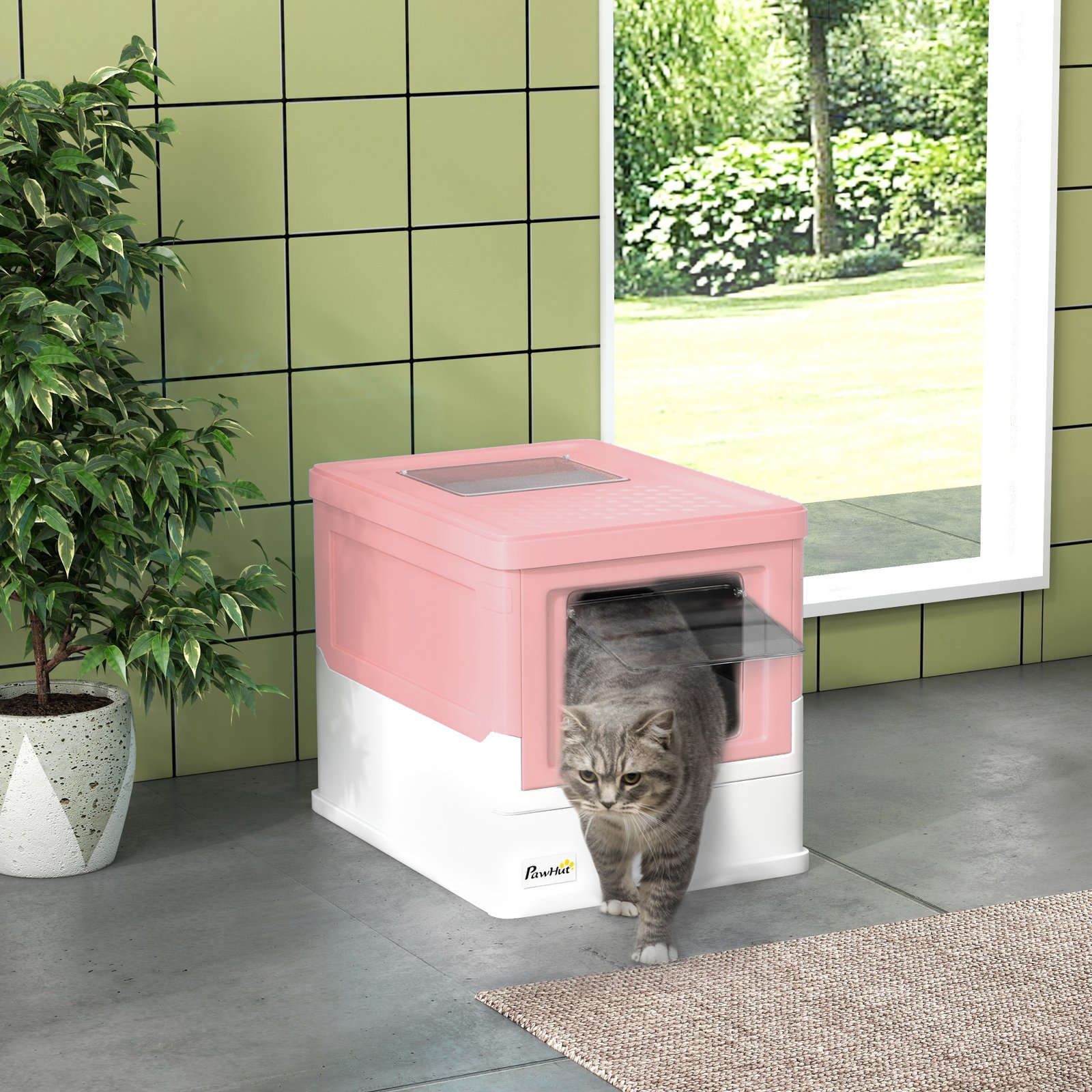 Hooded Cat Litter Box, Portable Pet Toilet, with Scoop, Front Entry - Pink