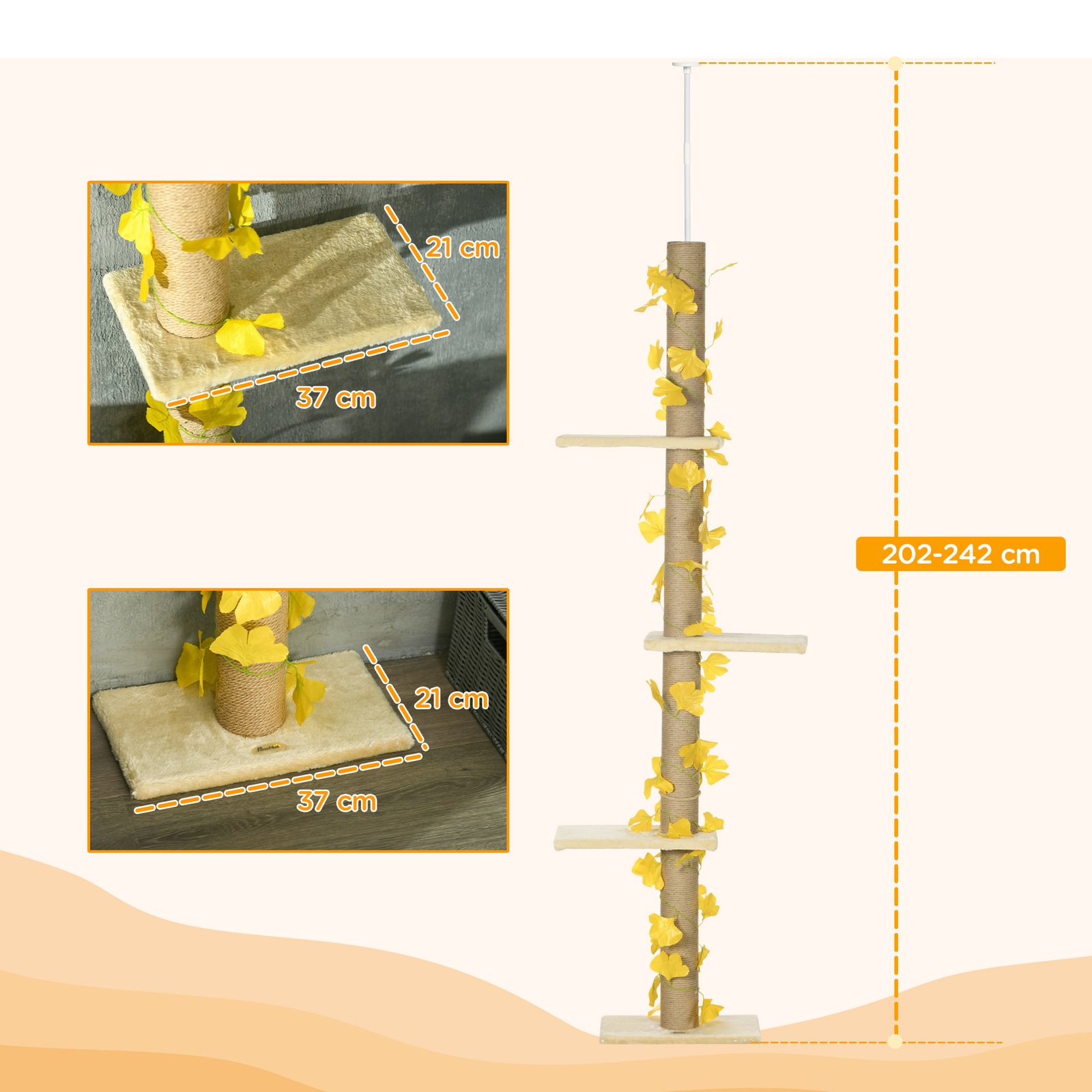 242cm Adjustable Floor-To-Ceiling Cat Tree, with Artificial Decoration, Perches, Anti-Slip Kit - Yellow - Image 2