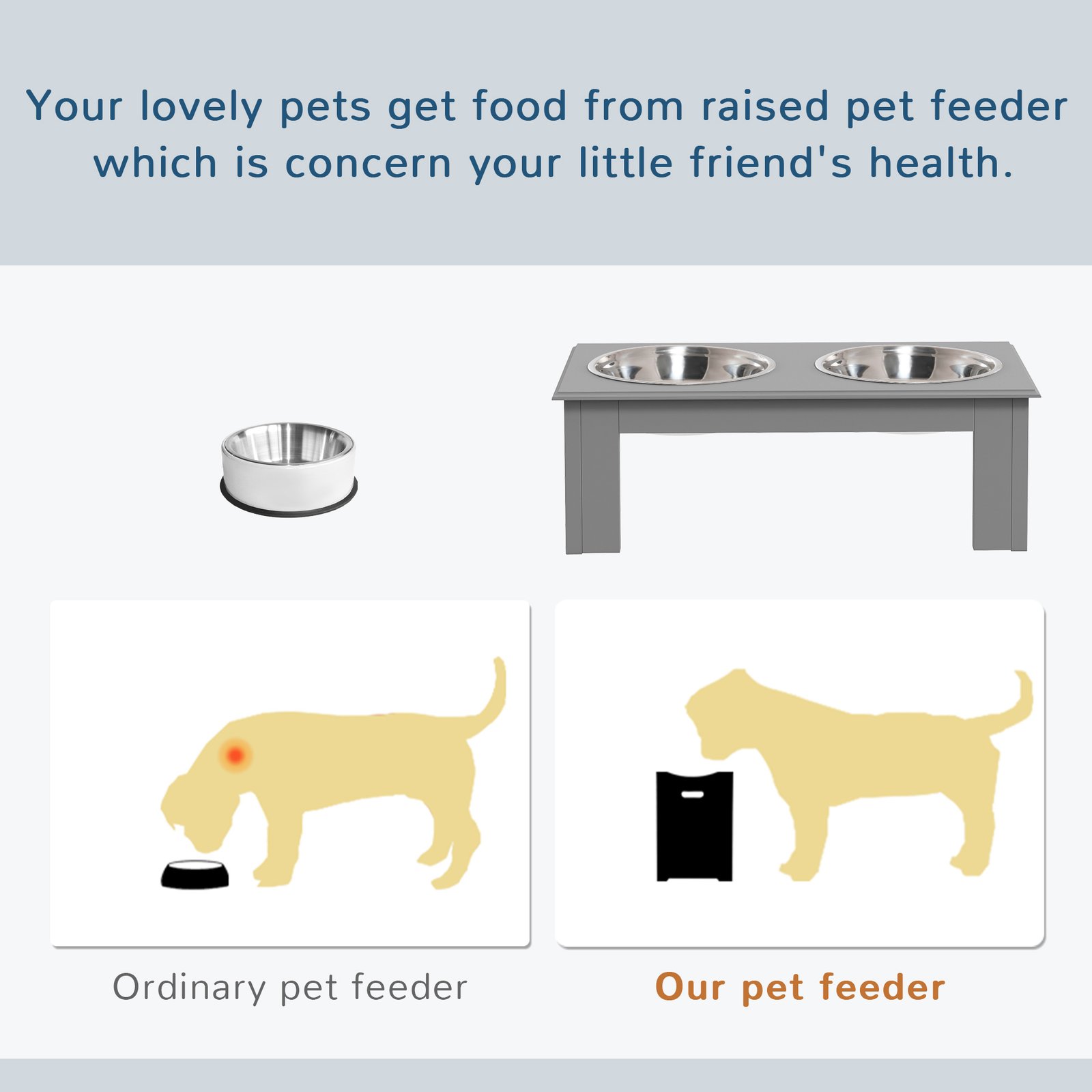 Raised Dog Feeding Bowls with Stand, Stainless Steel for Extra Small and Small Dog, 44L x 24W x 15H cm - Grey - Image 4