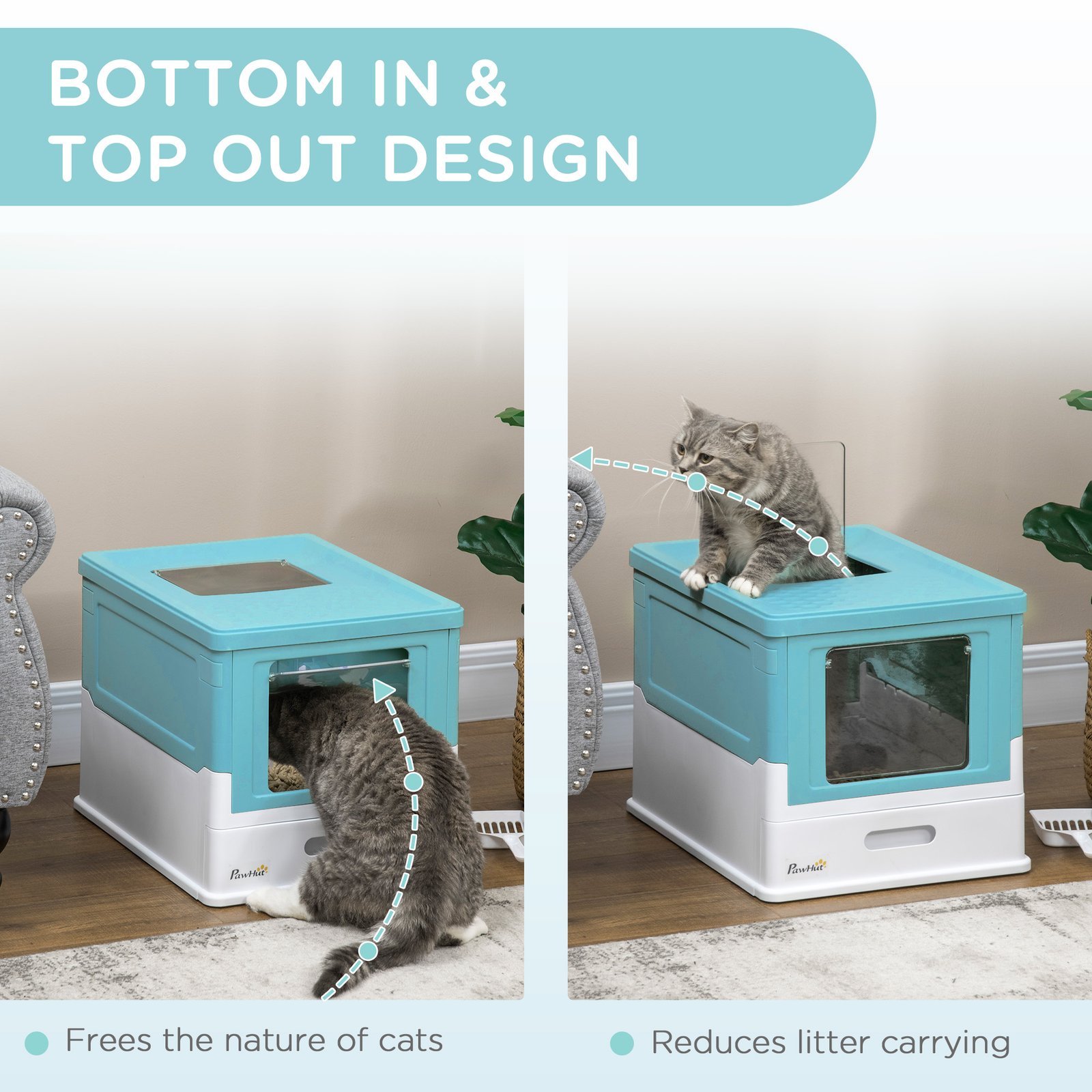 Hooded Cat Litter Box, Portable Pet Toilet, with Scoop, Front Entry - Light Blue