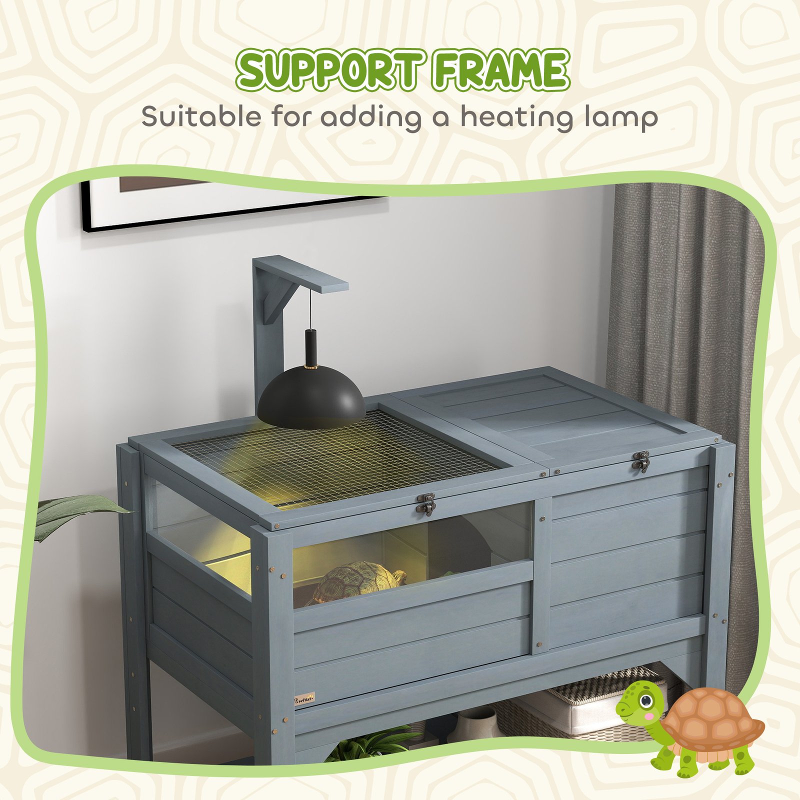 Wooden Tortoise House, with Shelter, Run, Shelf, Lamp Holder, Tray, Grey