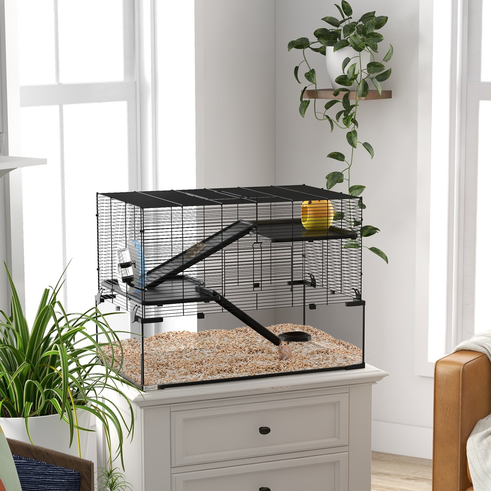 3 Tiers Hamster Cage, Gerbil Cage with Deep Glass Bottom, Non-Slip Ramps, Platforms, Hut, Exercise Wheels, Water Bottle, Dish, for Syrian Hamster, Dwarf Hamster, 76.5 x 48.5 x 54.5cm - Image 9