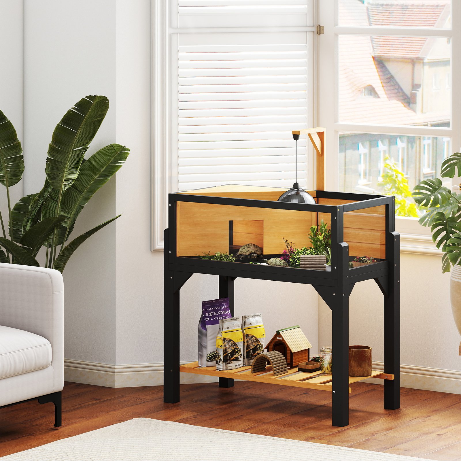 Wooden Tortoise House with Storage Shelf, Clear Observation Windows, Lamp Holder, Openable Top, Built-in Tray, Yellow - Image 9