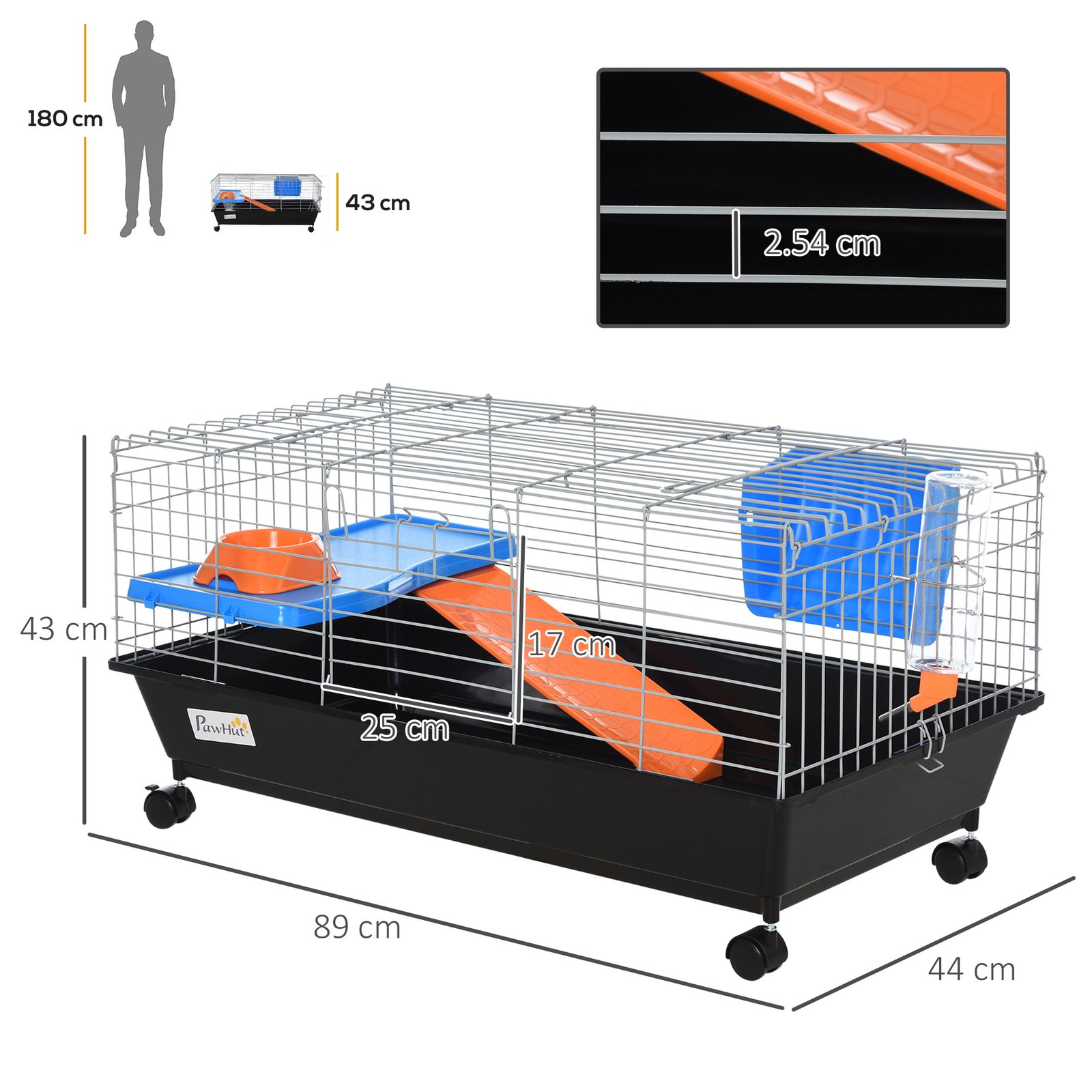 Small Animal Cage Rabbit Guinea Pigs Chinchillas Cage w/ Wheels Water Bottle Food Dish Platform Ramp 89 x 44 x 43 cm Black - Image 3