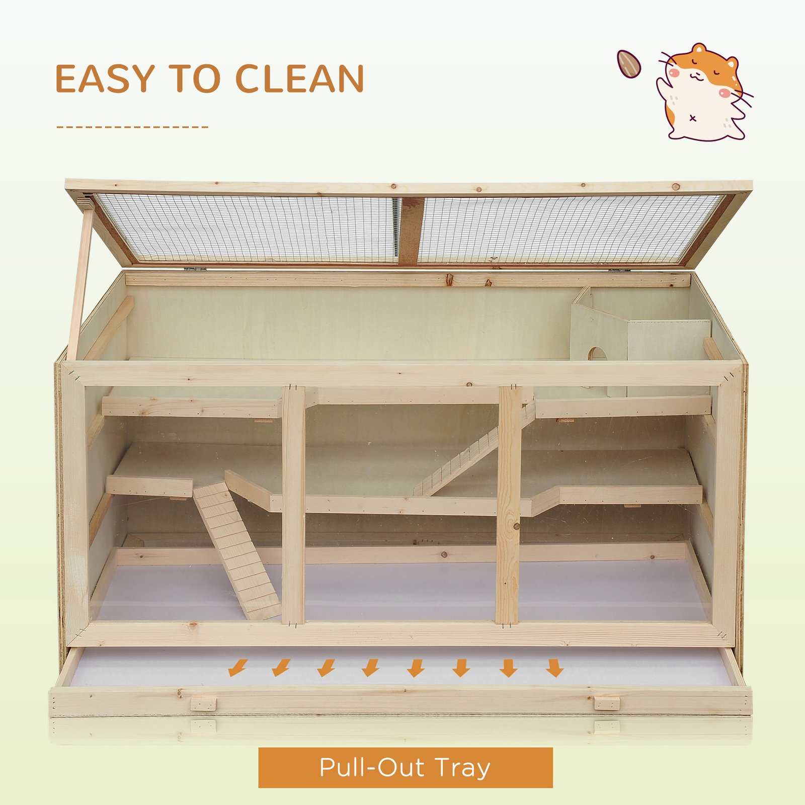 Wooden Hamster Cage, Small Animals Hutch with Tray, Openable Top, Exercise Play House Pen, 115L x 57W x 55Hcm, Natural