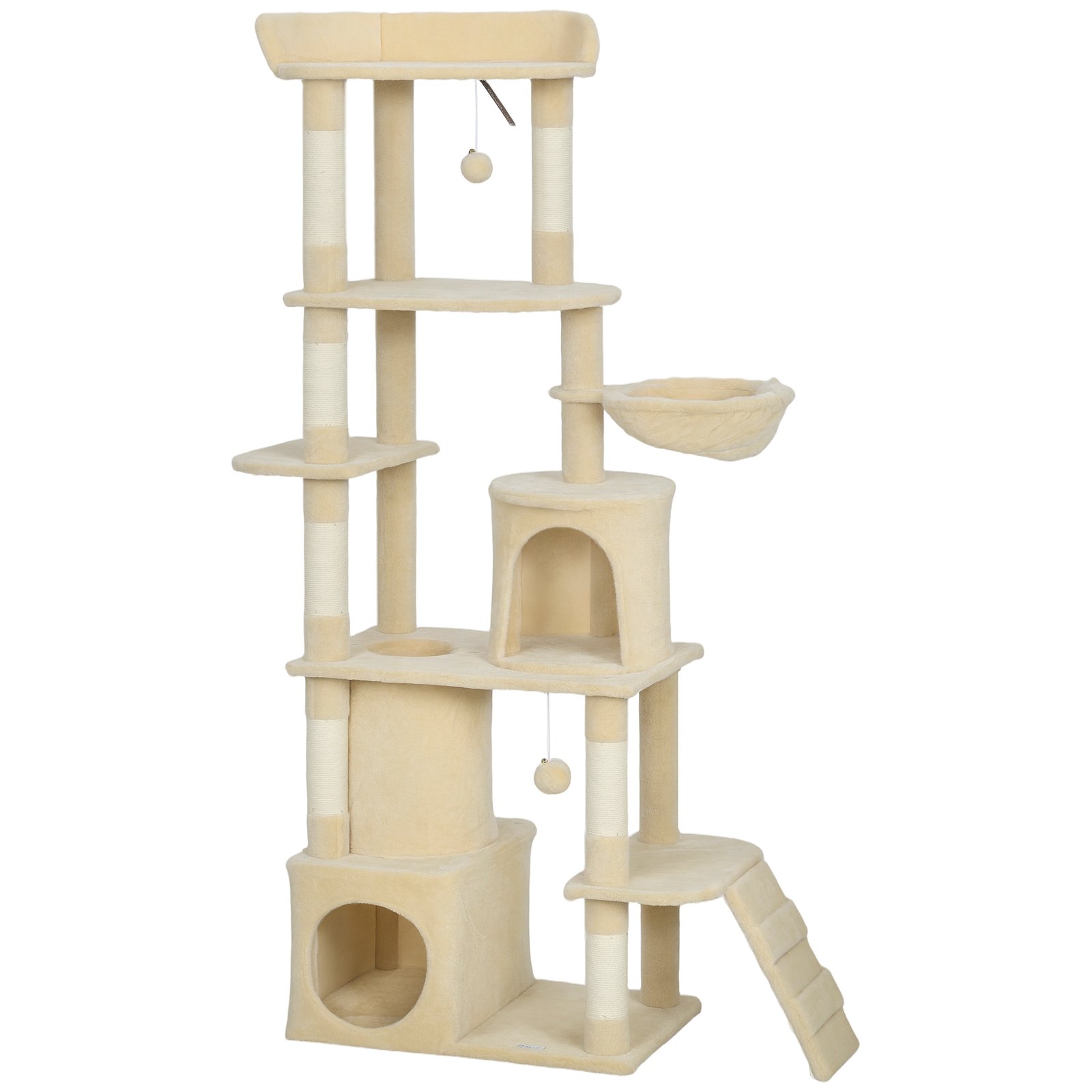 170 cm Large Cat Tree, Cat Tower with 7 Scratching Posts, Tunnel, 2 Condos, Hammock, Perch, Ramp, Pompoms, Beige