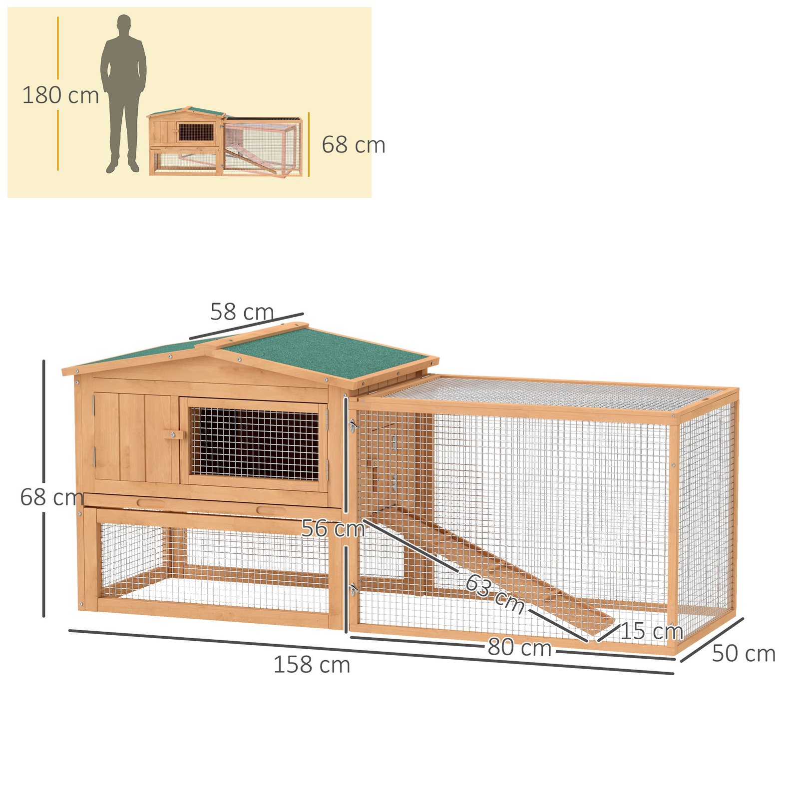 Wooden Rabbit Hutch Guinea Pig hutch House 2 Tier with Rabbit Run for Outdoor Garden Backyard, 85 x 24 x 57cm - Image 3
