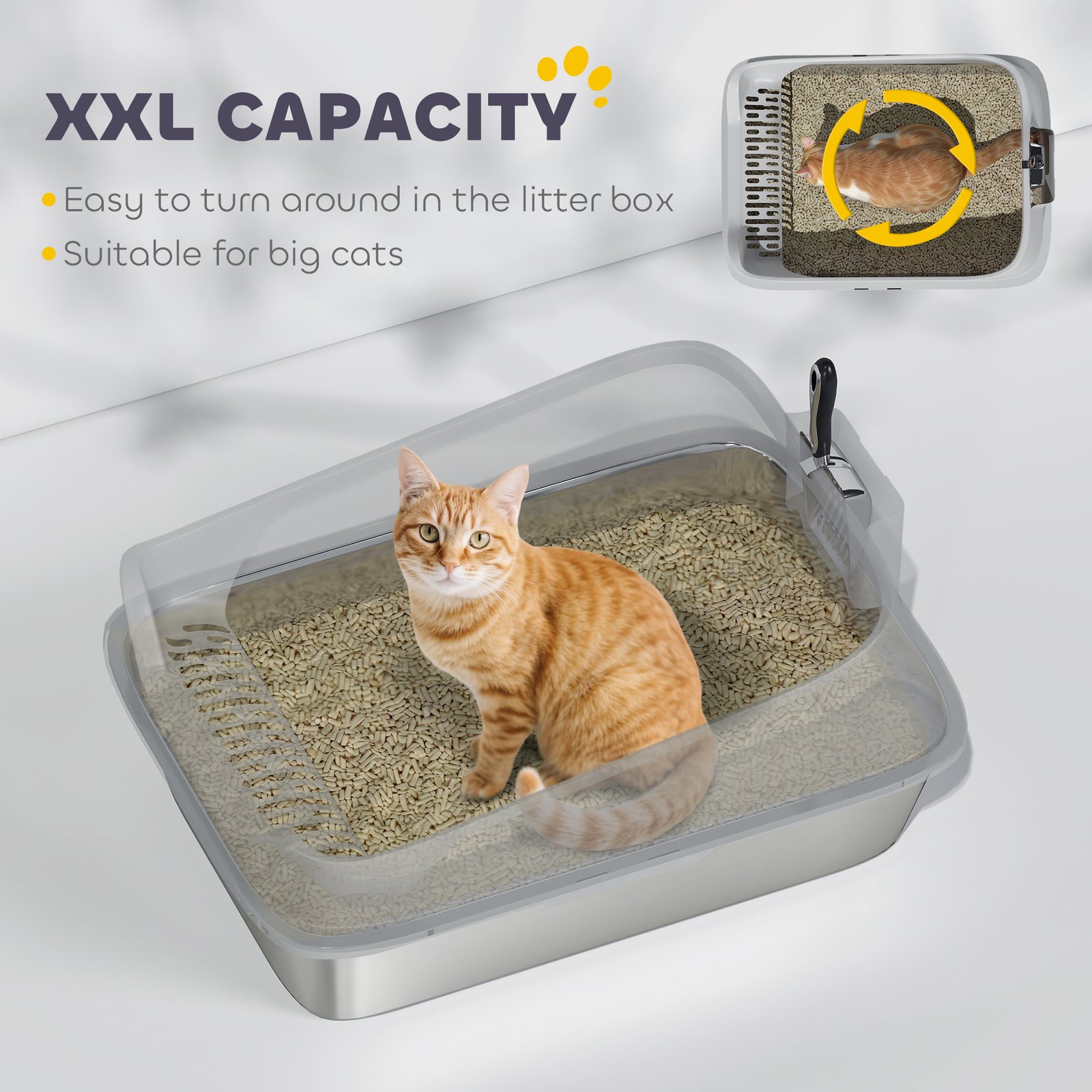 XXL Stainless Steel Cat Litter Box with High Sides, Metal Scoop, 70 x 50 x 30 cm