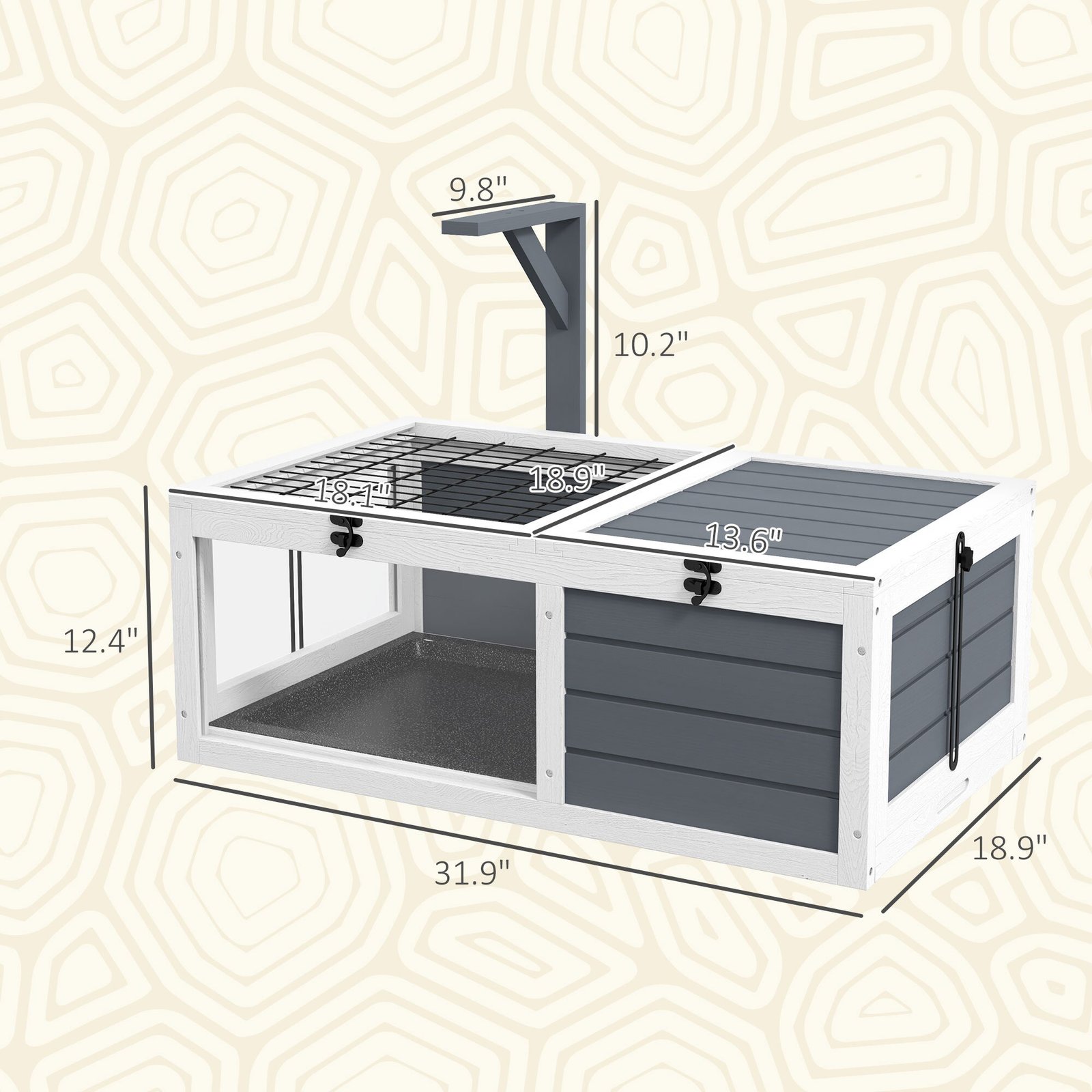 Tortoise Table with Wooden Lamp Holder, Wooden Tortoise House w/ Openable Lids, Pull-Out Trays - Grey