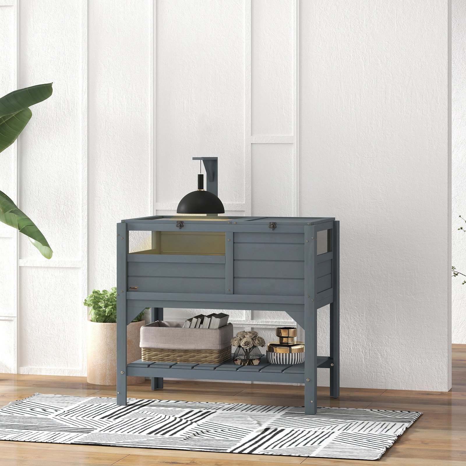 Wooden Tortoise House, with Shelter, Run, Shelf, Lamp Holder, Tray, Grey