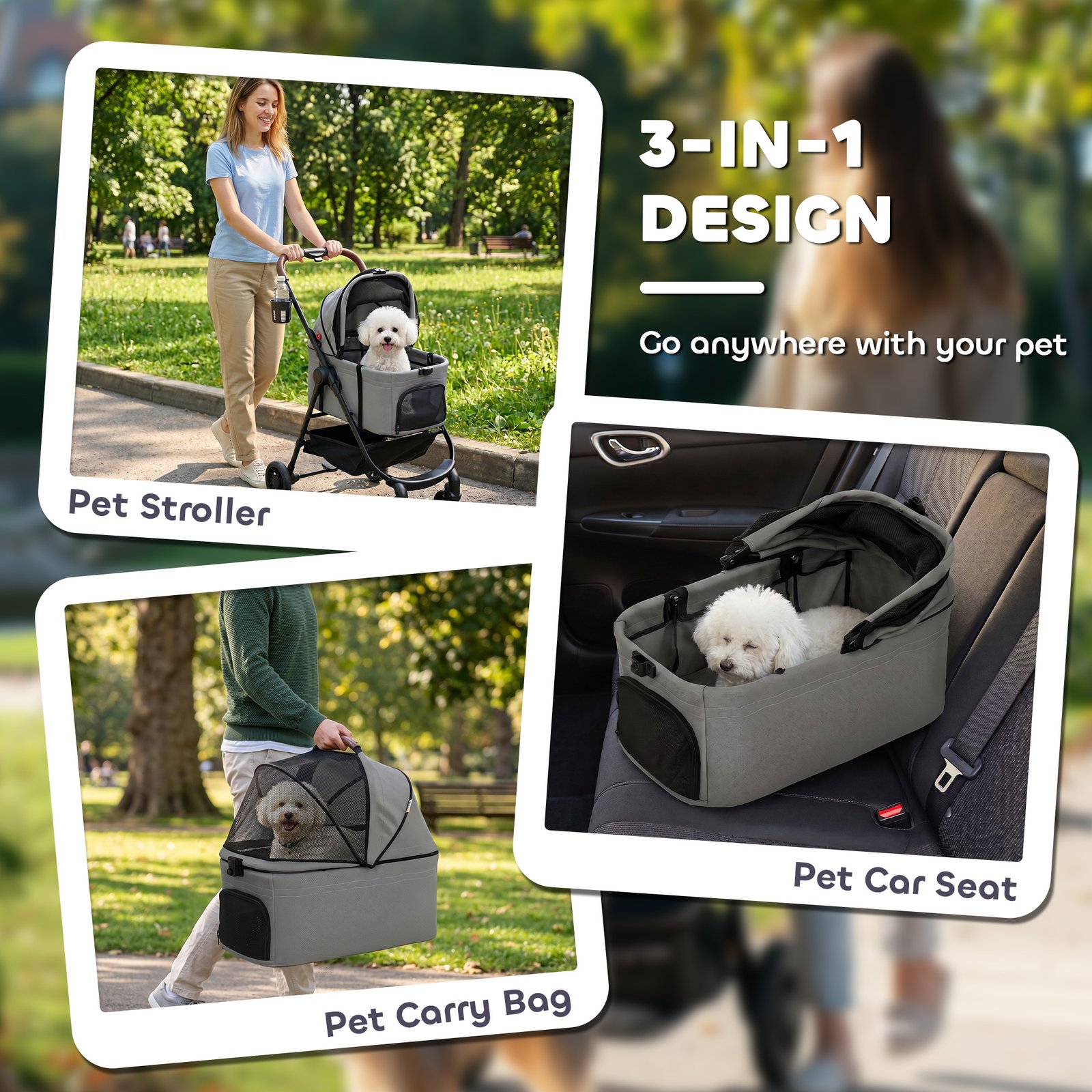 Dog Stroller, 3 in 1 Foldable Pet Stroller for Small Puppy Cat with Detachable Travel Carrier, Storage Basket, Grey - Image 6