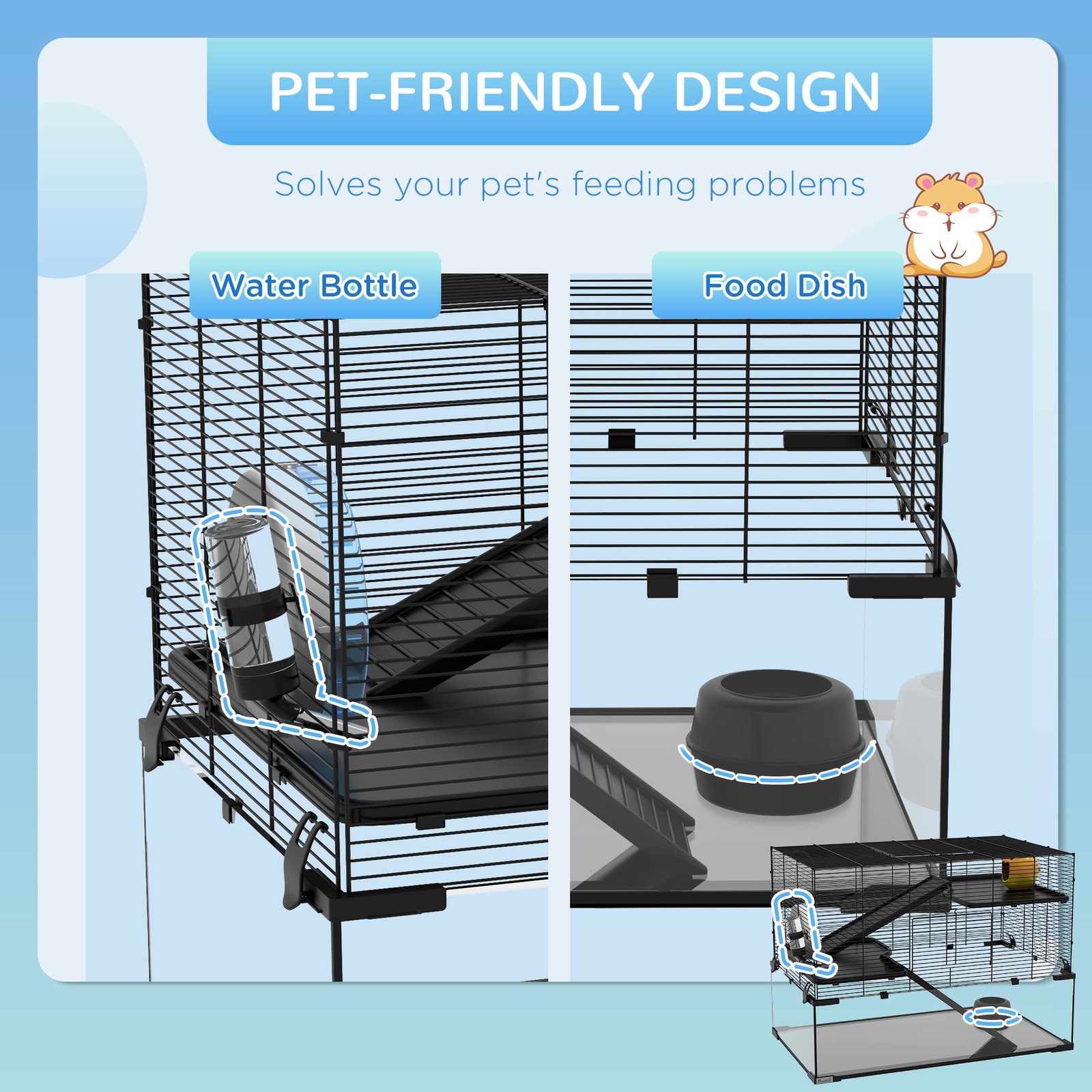 3 Tiers Hamster Cage, Gerbil Cage with Deep Glass Bottom, Non-Slip Ramps, Platforms, Hut, Exercise Wheels, Water Bottle, Dish, for Syrian Hamster, Dwarf Hamster, 76.5 x 48.5 x 54.5cm - Image 5