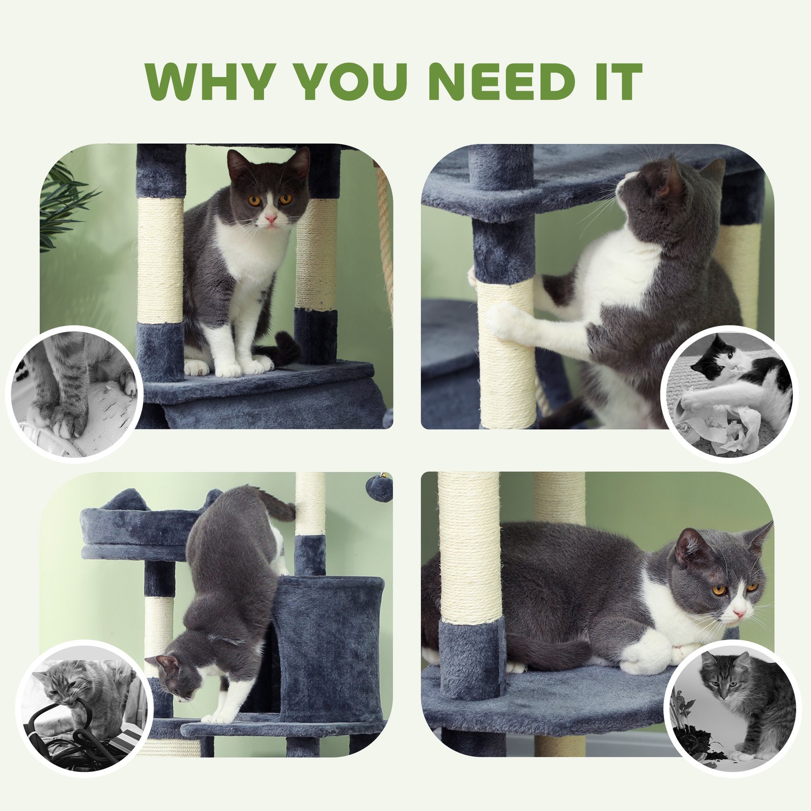 206cm Cat Tree, Multi-Level Cat Tower with Scratching Posts and Board, Beds, Condos, Platforms, Toy Balls, Dark Grey - Image 7