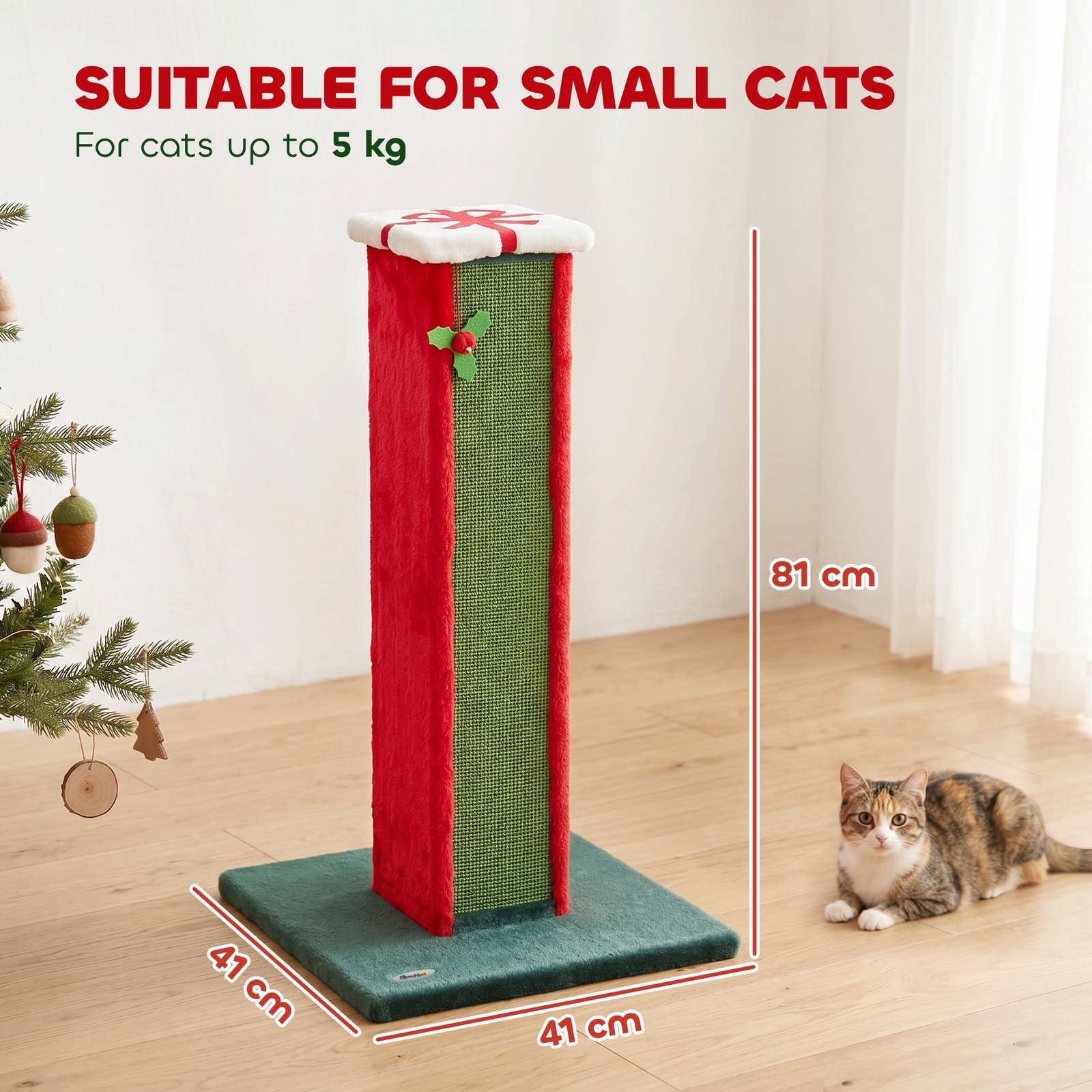 Cat Scratching Post for Indoor Cats, 81cm Tall Cat Scratcher with Sisal Rope, Hanging Bell Toy, Stable Base, Green & Red