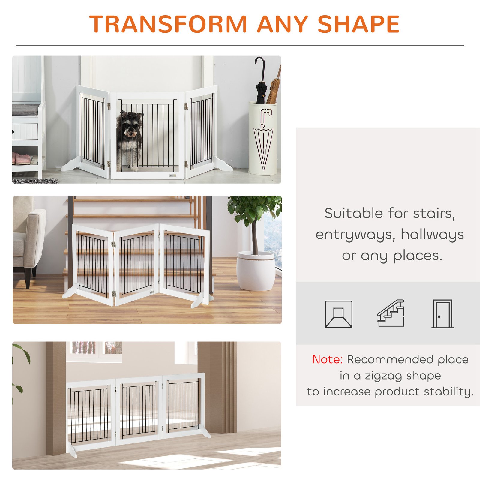 Foldable Pet Gate, with Three Panels & Two Support Feet - White - Image 4