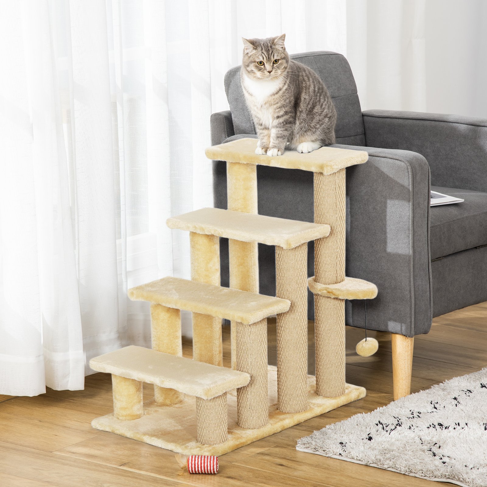4-step Pet Stairs with Scratching Posts, Platforms, Toy Ball, Beige - Image 9