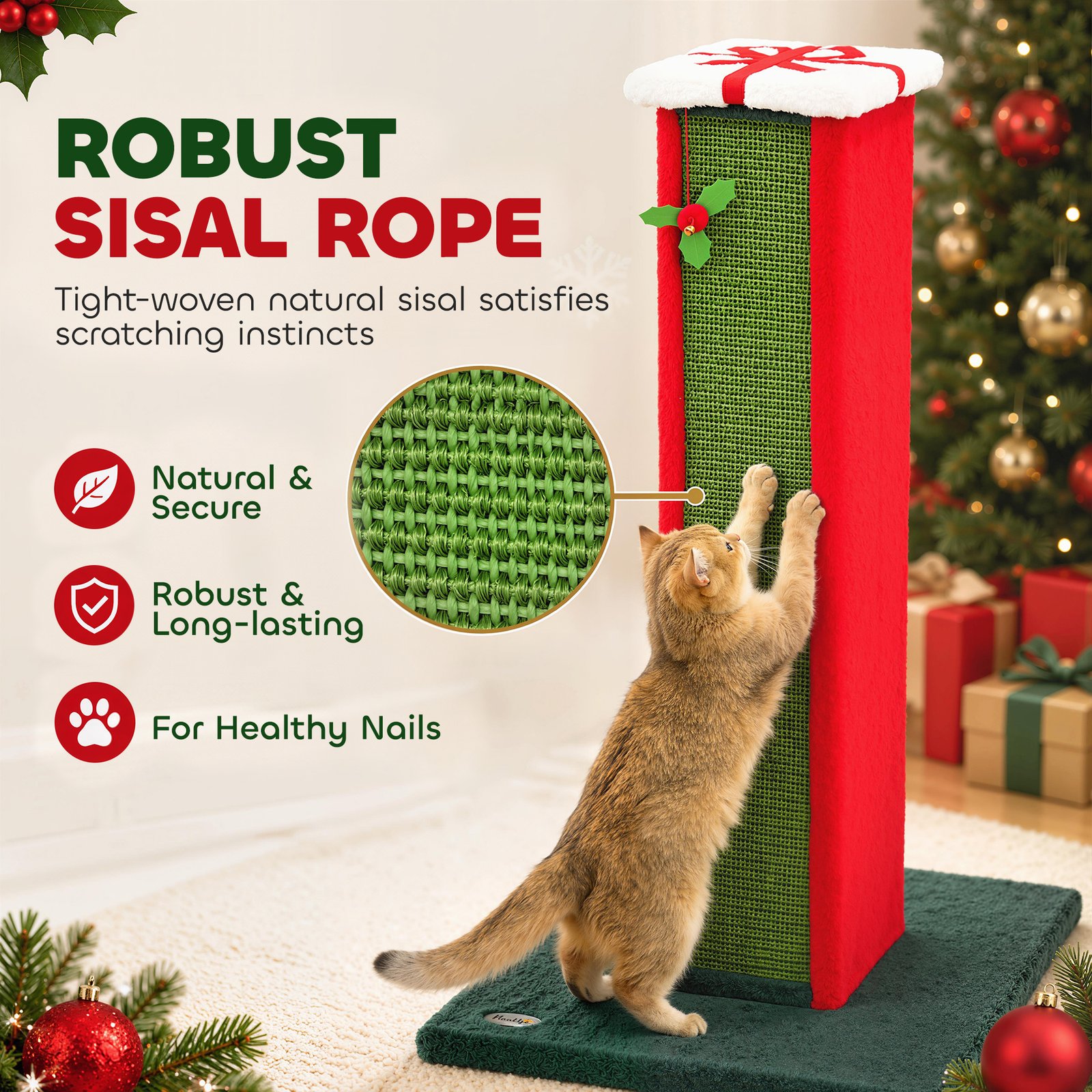 Cat Scratching Post for Indoor Cats, 81cm Tall Cat Scratcher with Sisal Rope, Hanging Bell Toy, Stable Base, Green & Red