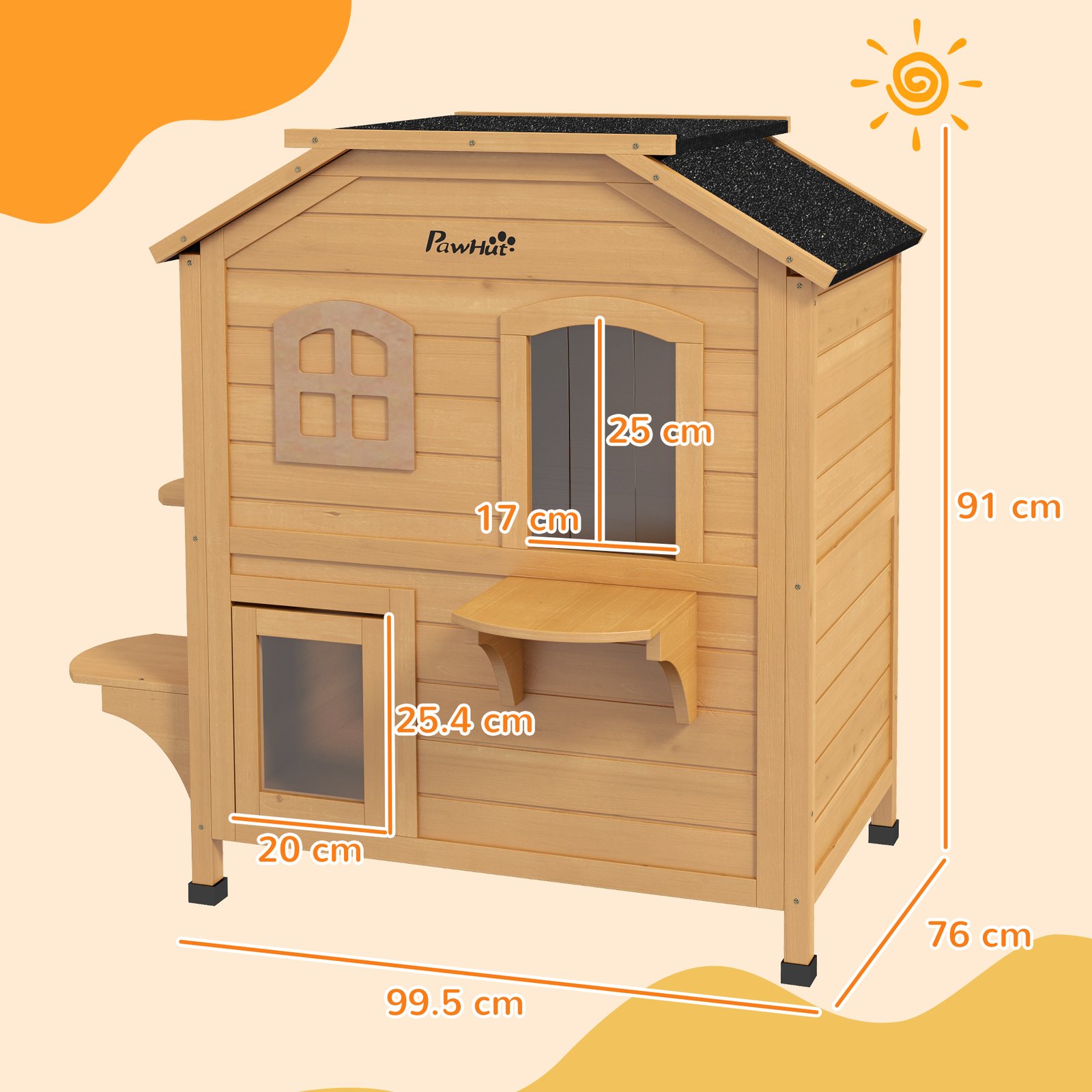  2-story Cat House Outdoor, Weatherproof Wooden Cat Enclosure with Openable Roof, Jumping Platforms, Natural Wood Finish