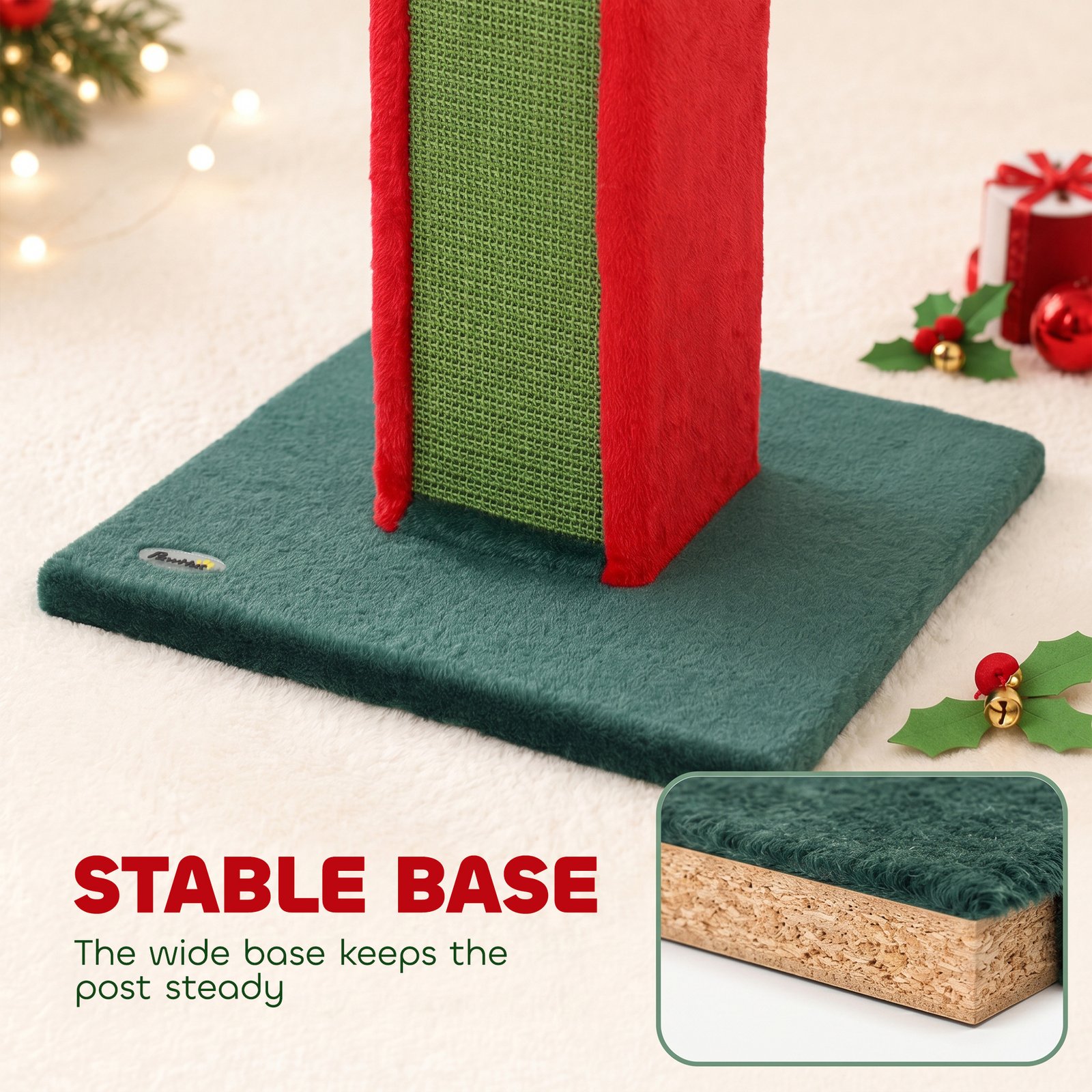 Cat Scratching Post for Indoor Cats, 81cm Tall Cat Scratcher with Sisal Rope, Hanging Bell Toy, Stable Base, Green & Red