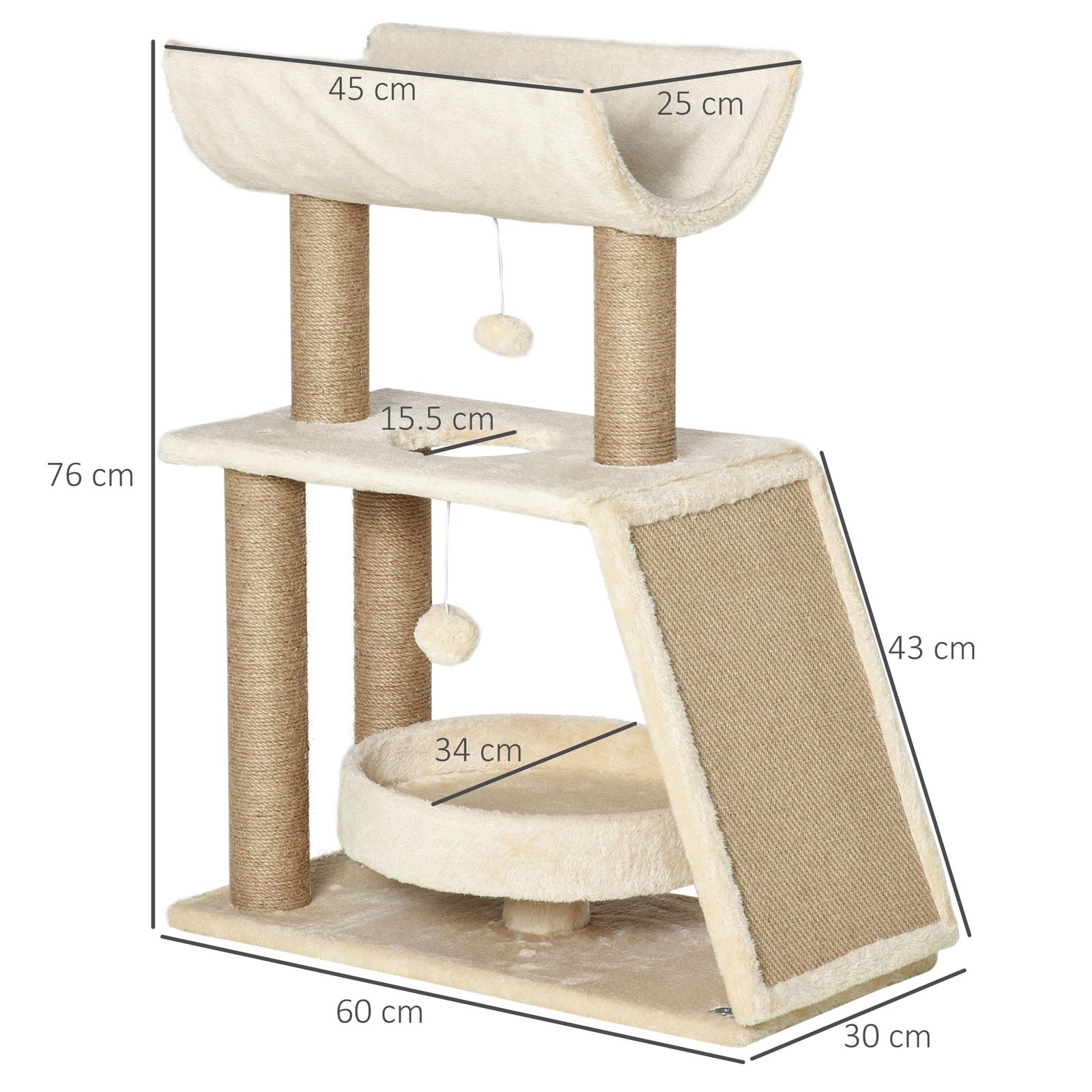Cat Tree Tower, with Scratching Posts, Pad, Bed, Perch, Toy Ball - Light Brown - Image 3