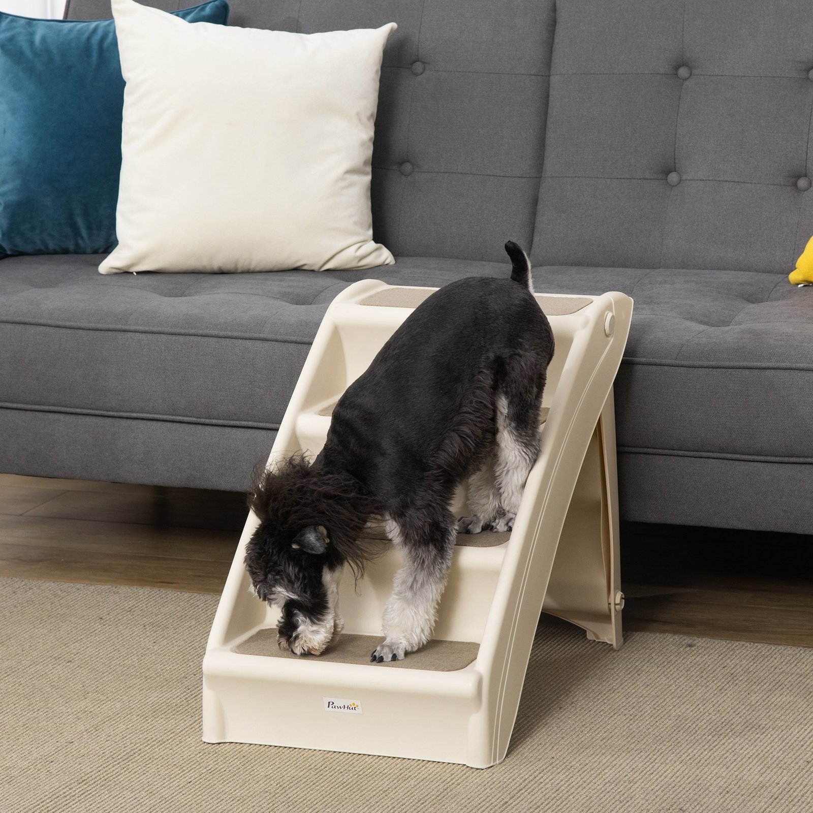 Foldable Four-Step Pet Stairs, for Cats, Small Miniature Dogs, with Non-Slip Mats 62 x 38 x 49.5cm - Beige