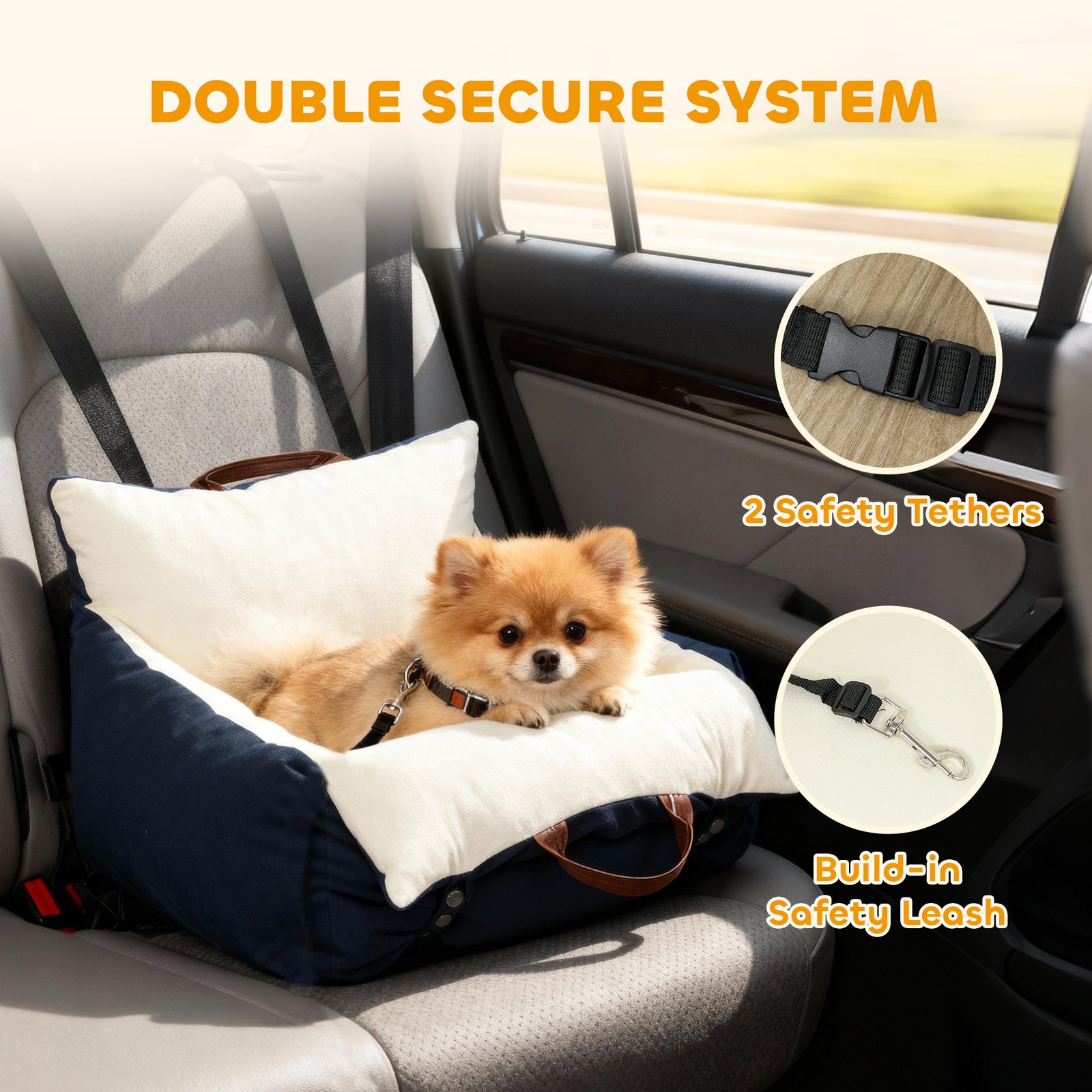 Dog Car Seat, Cosy Pet Car Booster Seat for Small Dog Under 5 KG, Portable Travel Bed with Safety Belts, Navy Blue