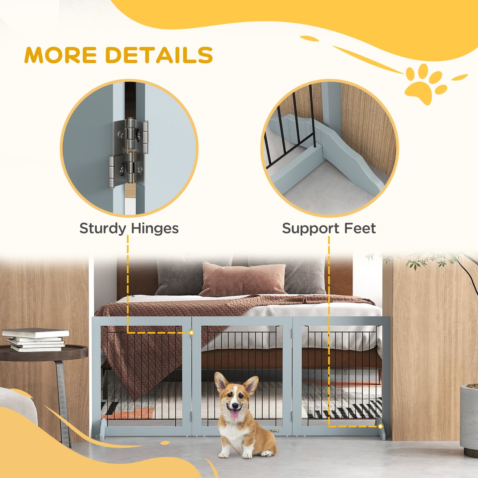 Foldable Pet Gate, with Three Panels & Two Support Feet - Grey - Image 6