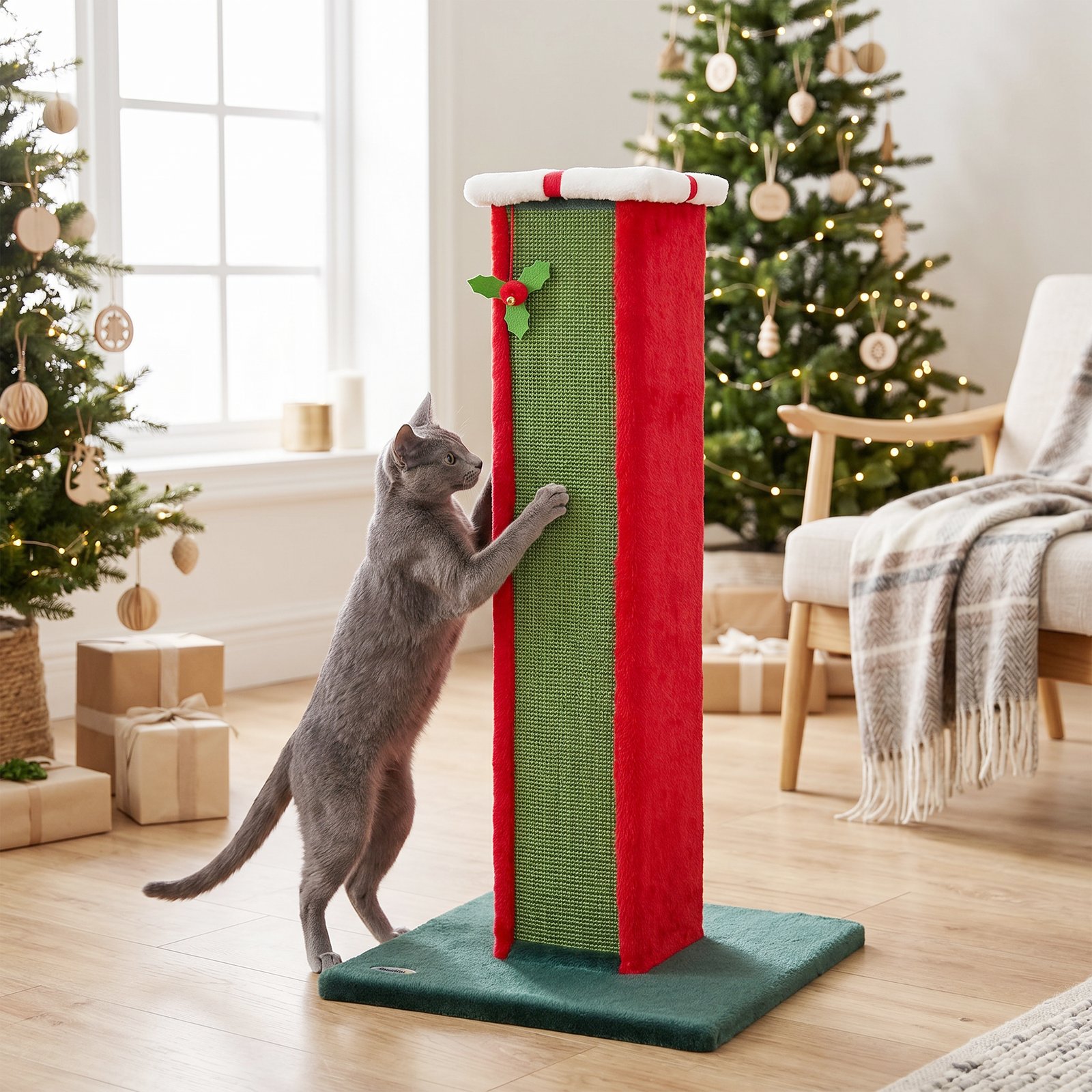 Cat Scratching Post for Indoor Cats, 81cm Tall Cat Scratcher with Sisal Rope, Hanging Bell Toy, Stable Base, Green & Red