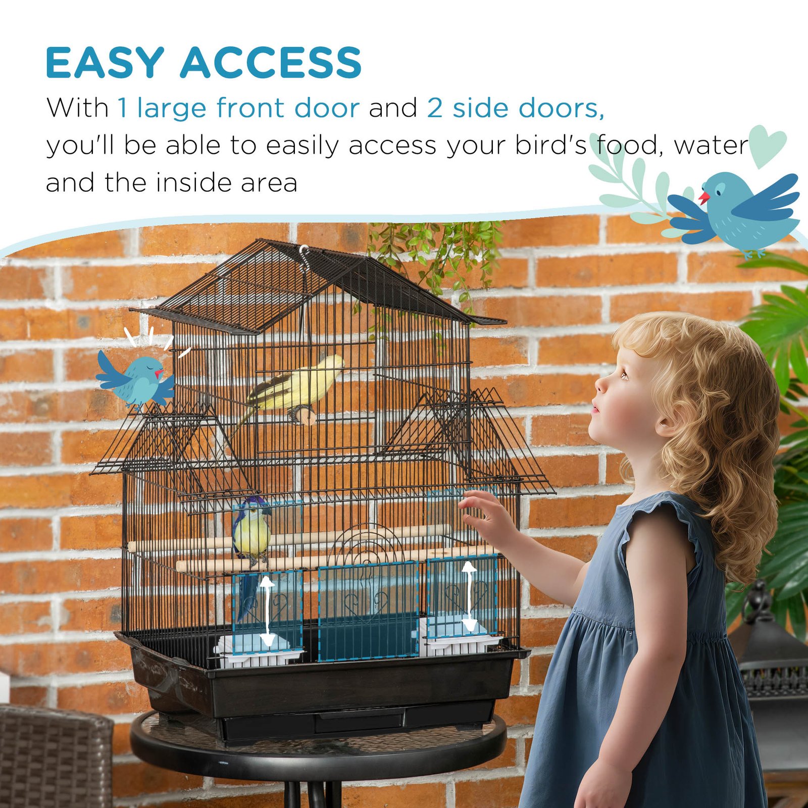 Metal Bird Cage with Plastic Swing Perch Food Container Tray Handle for Finch Canary Budgie 43.5 x 33 x 63 cm, Black - Image 6
