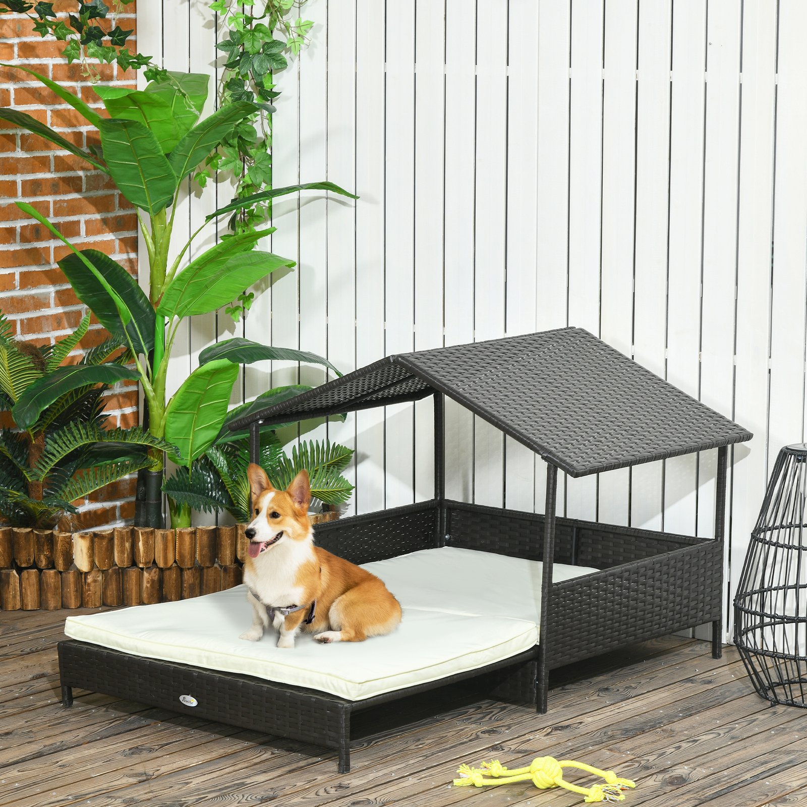 Extendable Elevated Dog Bed, Rattan Dog House, with Water-Resistant Roof, Removable Cushion, Cream - Image 9