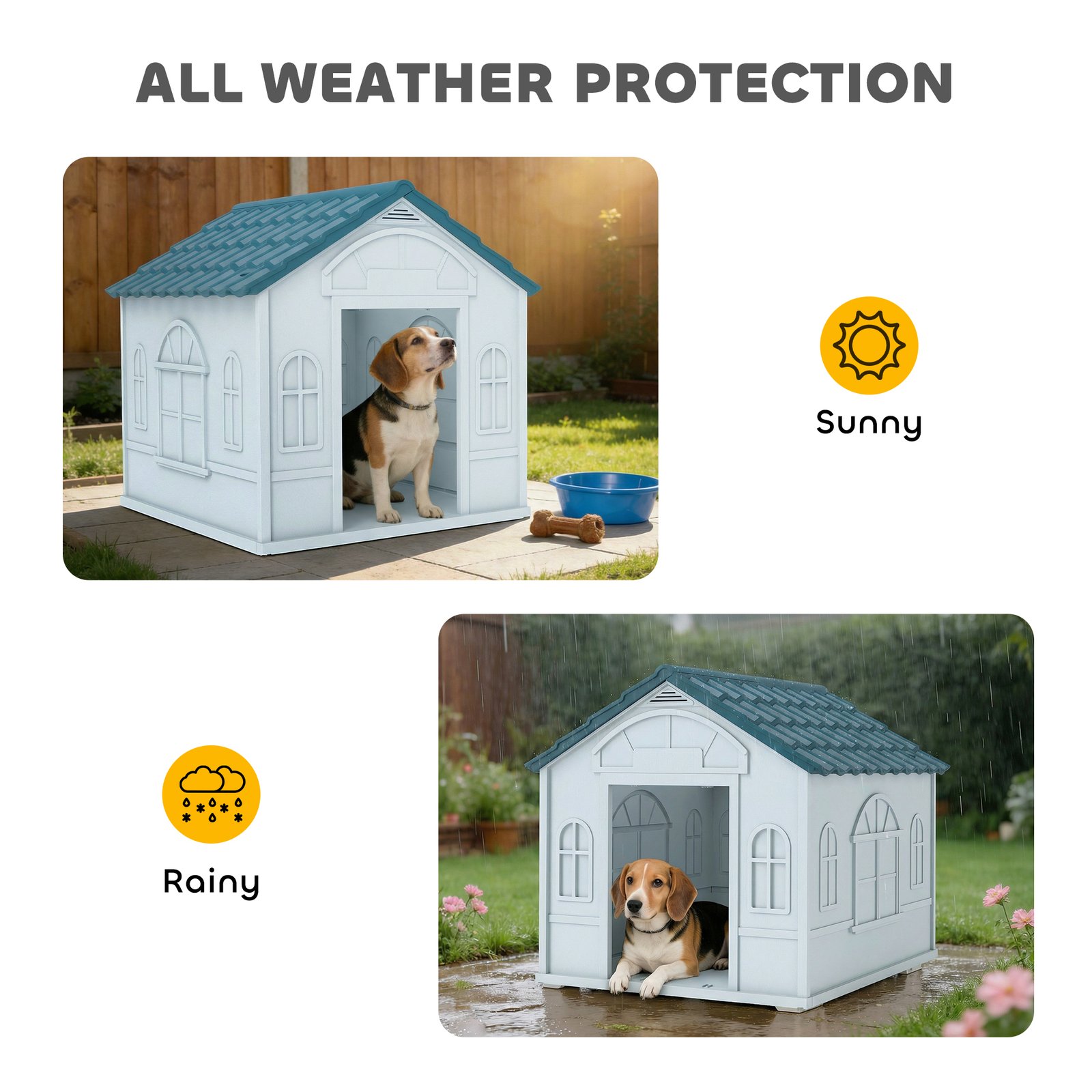 Plastic Weather-Resistant Dog House, for Indoors and Outdoors, Medium Dogs - White and Blue