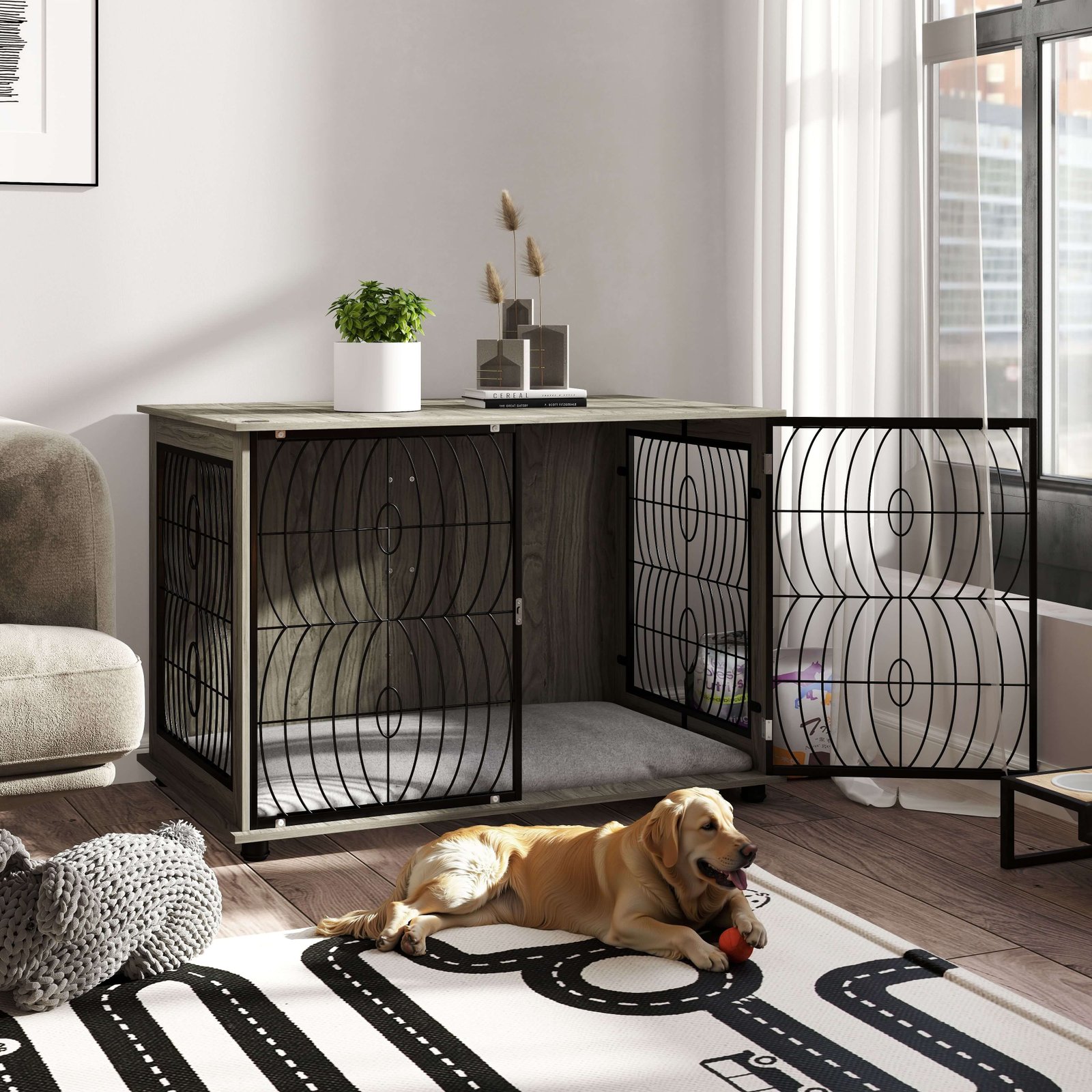 46.46'' Dog Crate Furniture End Table w/ Plush Washable Cushion, Lockable Door, for Extra Large Dogs