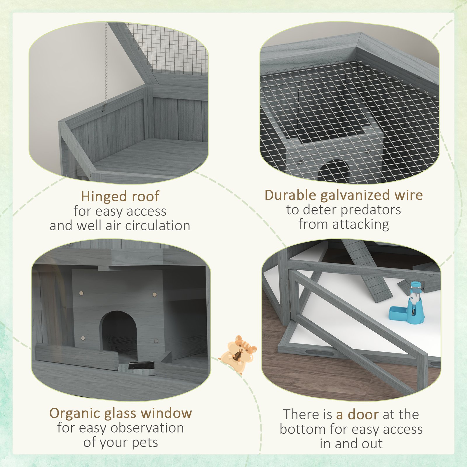 3 Tier Wooden Large Hamster Cage with Sliding Tray, Seesaws, Water Bottle, Grey