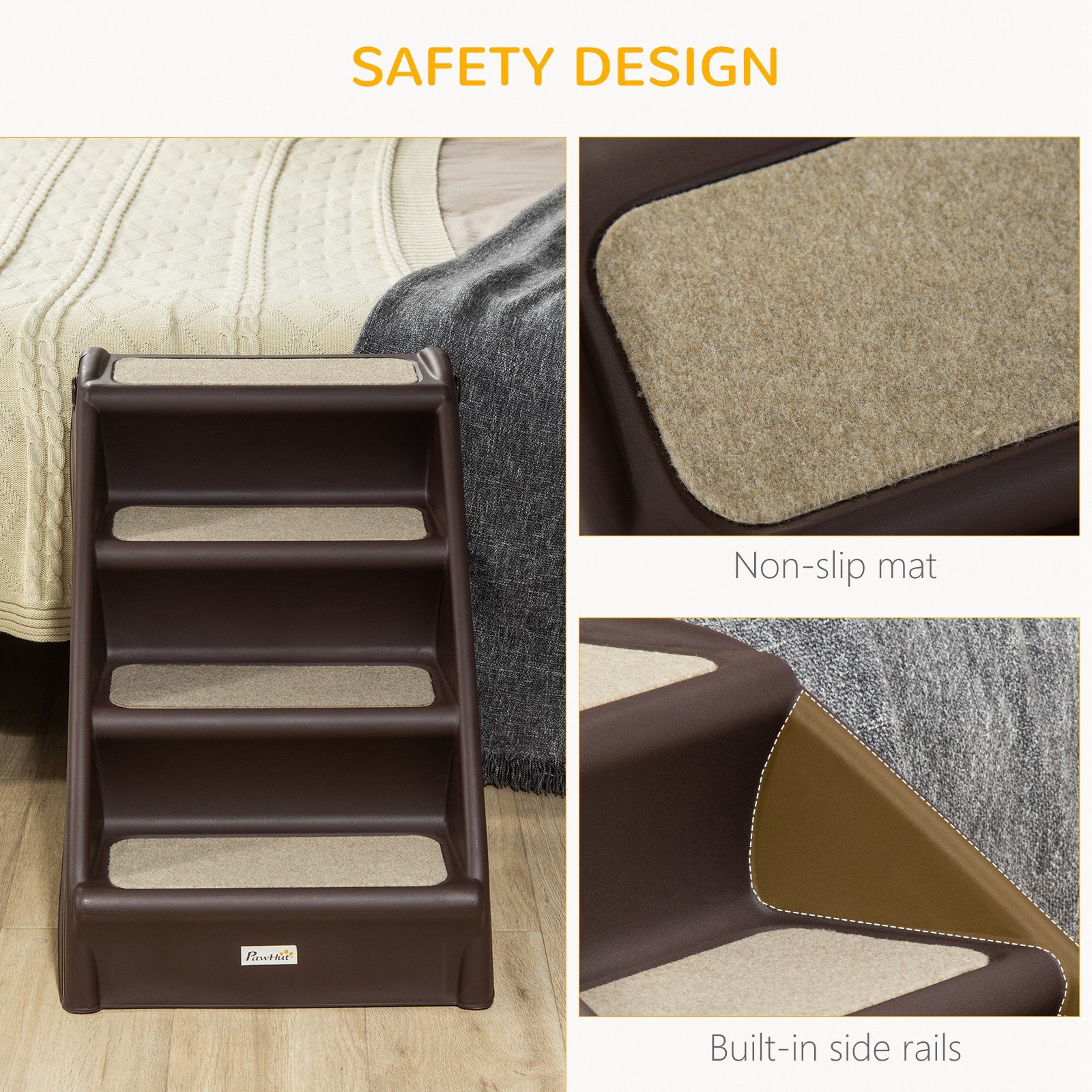 Foldable Four-Step Pet Stairs, for Cats, Small Miniature Dogs, with Non-Slip Mats 62 x 38 x 49.5cm - Brown