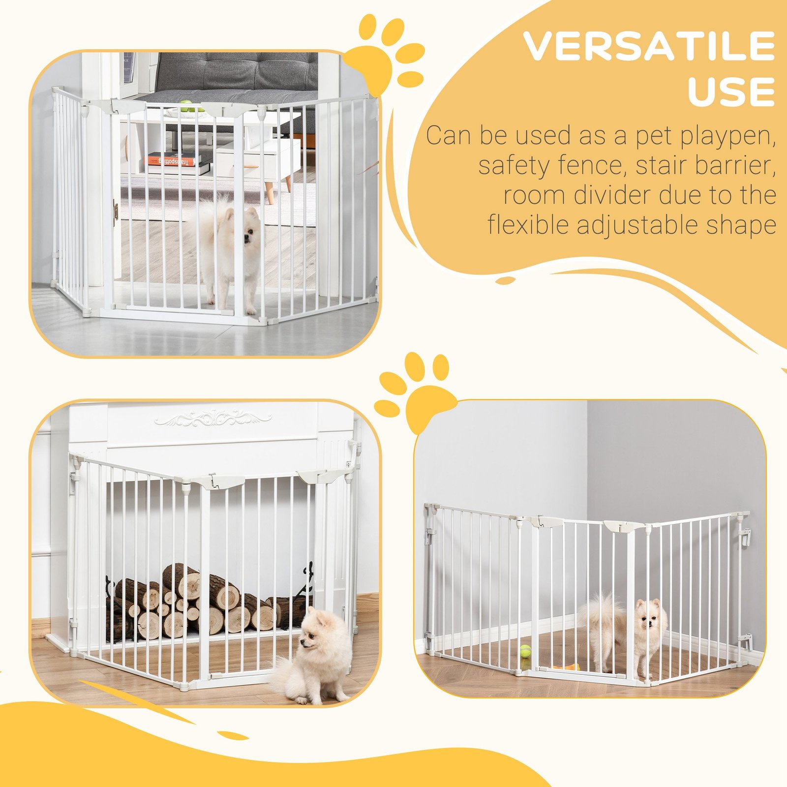 Pet Safety Gate, 3 Panels Playpen Fireplace, Foldable Metal Fence, Stair Barrier, Room Divider, Fire Guard w/ Automatic Closing Door, White - Image 4