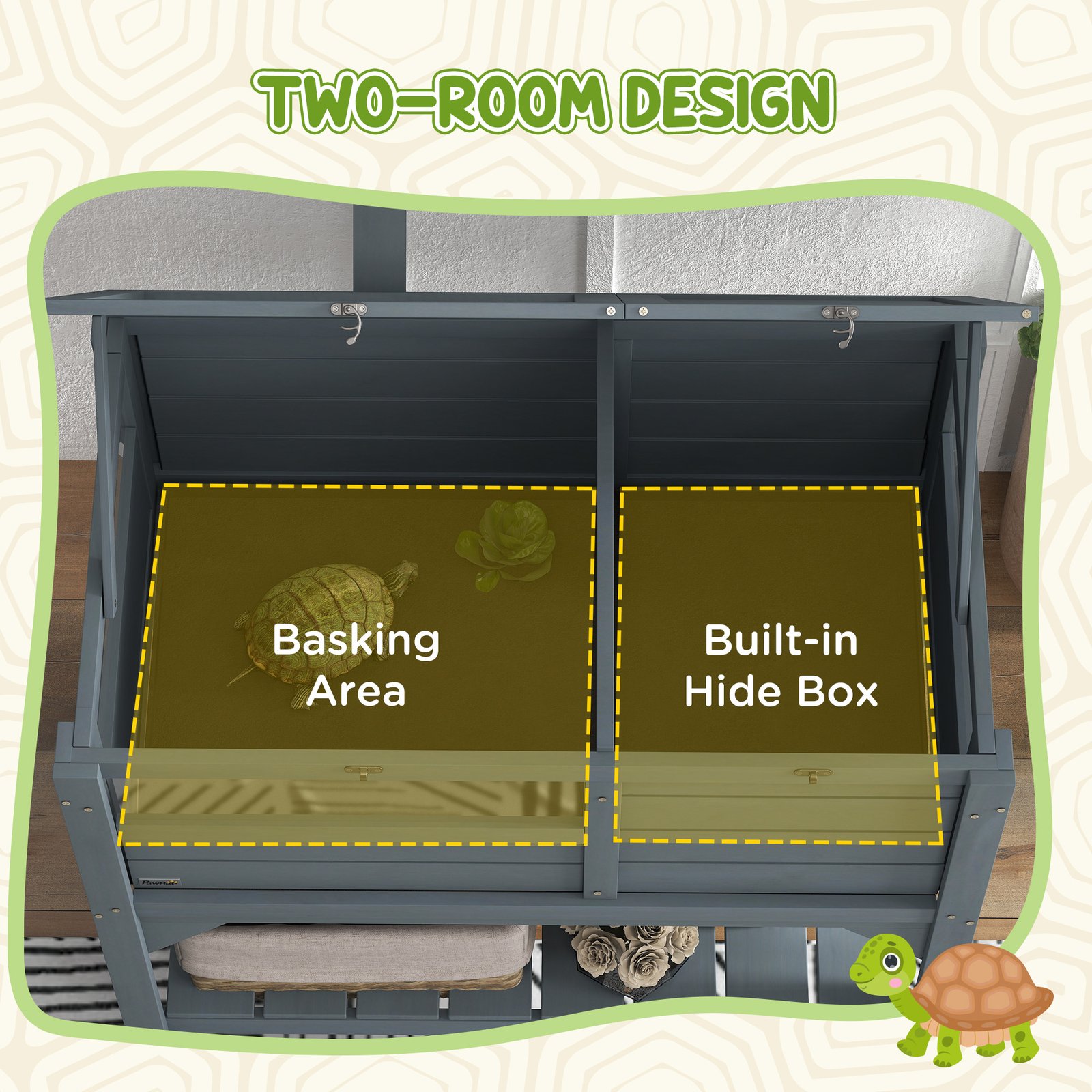 Wooden Tortoise House, with Shelter, Run, Shelf, Lamp Holder, Tray, Grey