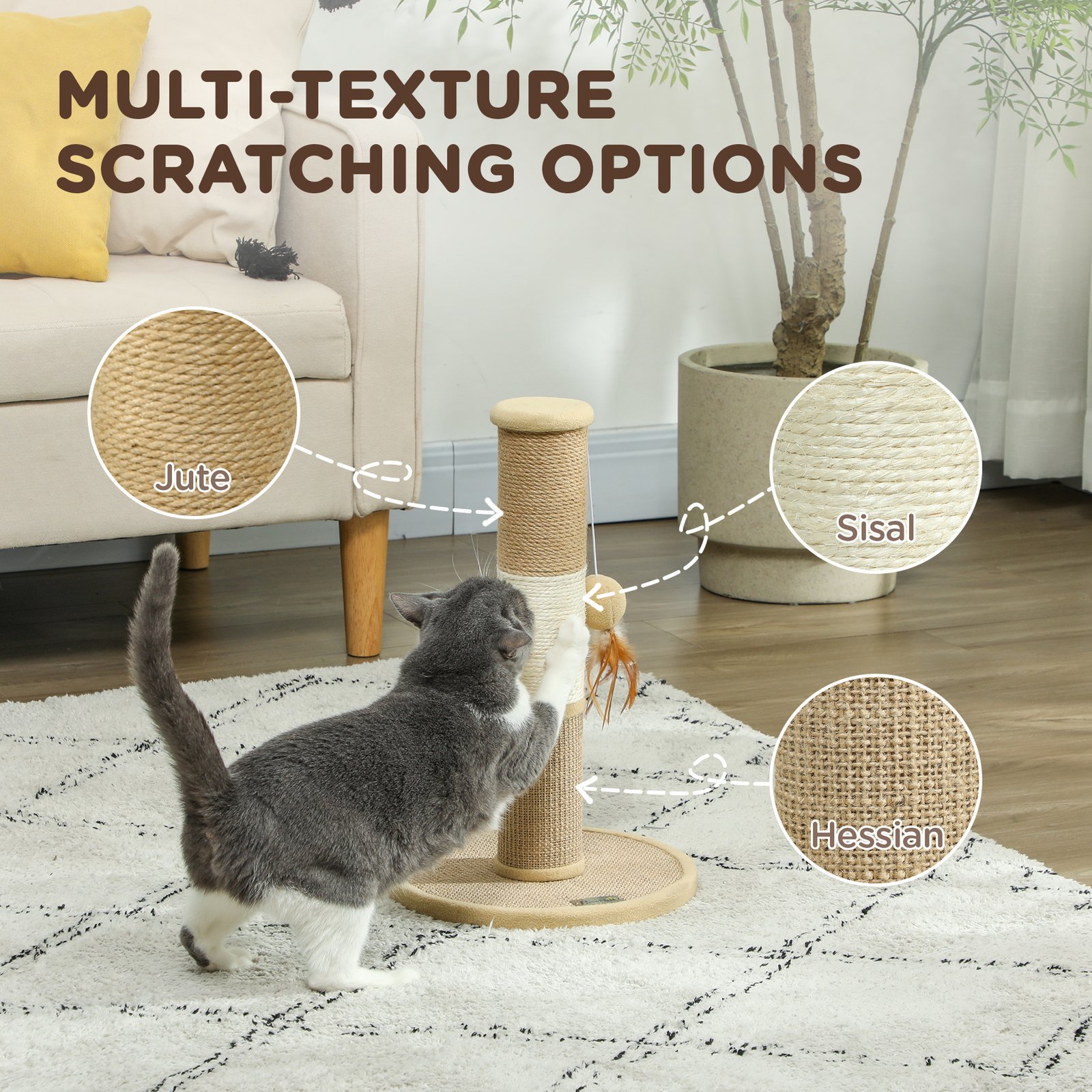 Cat Scratching Post for Indoor Cats, 47cm Tall Cat Scratcher with Jute Sisal Rope, Hanging Toy Ball, Feather, Brown - Image 4