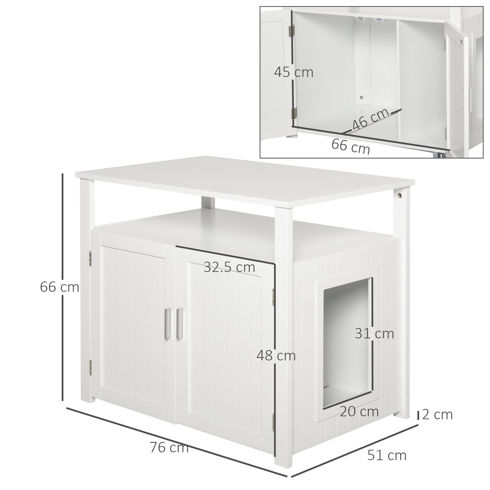 Wooden Cat Litter Box Enclosure Furniture with Adjustable Interior Wall & Large Tabletop for Nightstand, White - Image 3