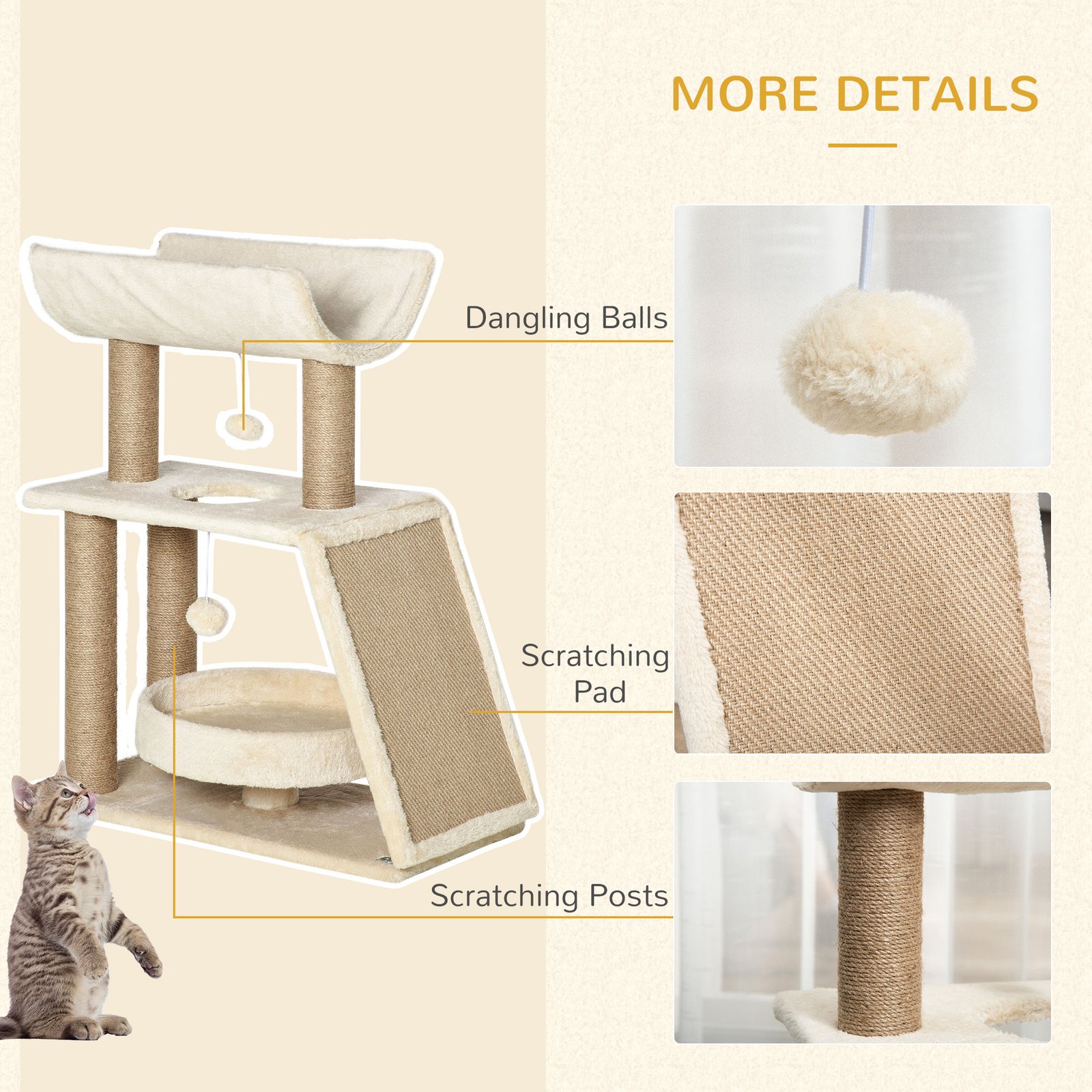 Cat Tree Tower, with Scratching Posts, Pad, Bed, Perch, Toy Ball - Light Brown - Image 6