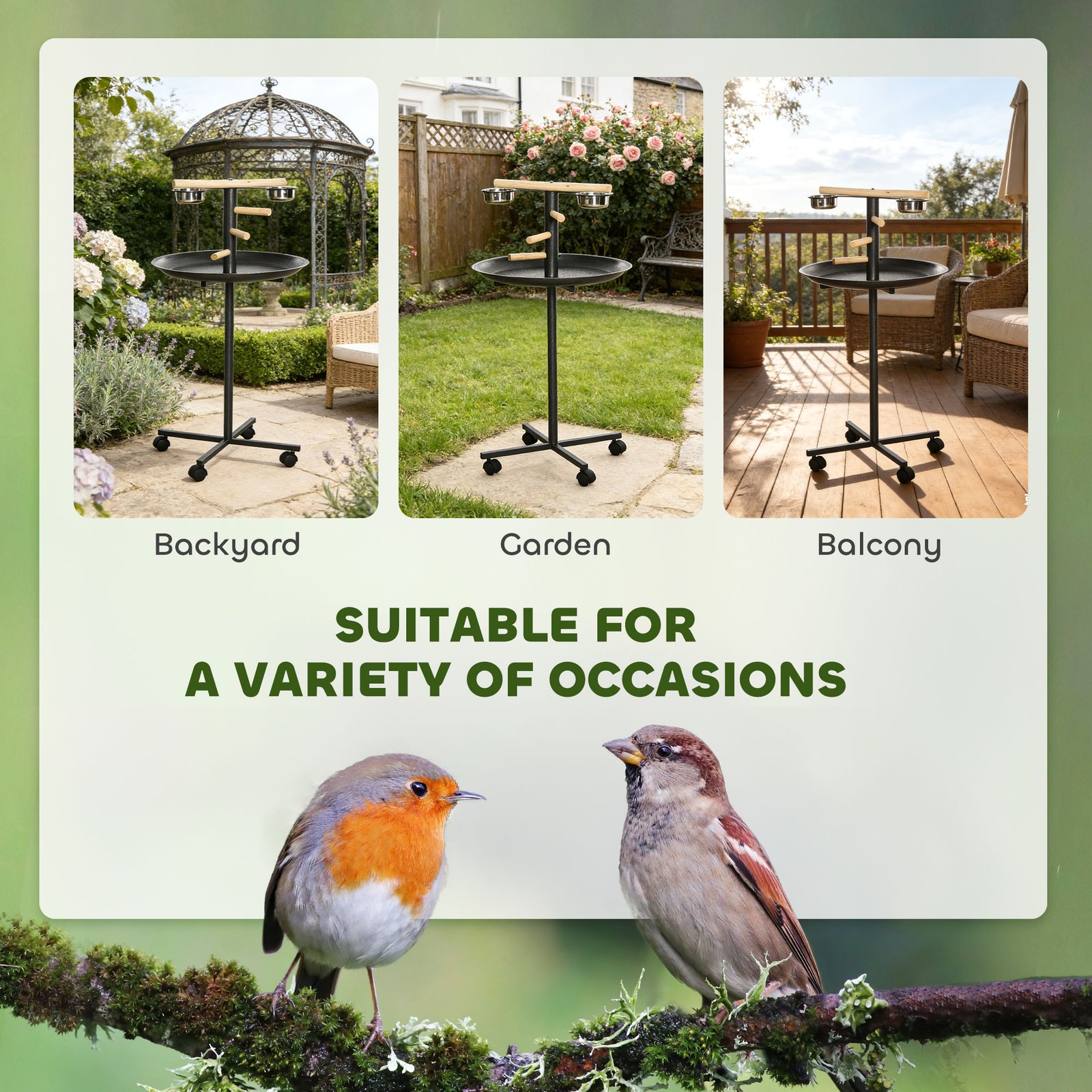 Parrot Perch Stand, Large Bird Play Stand, Metal Bird Table Feeder Station with Stainless Steel Bowls, Four Wheels, Round Tray, Black