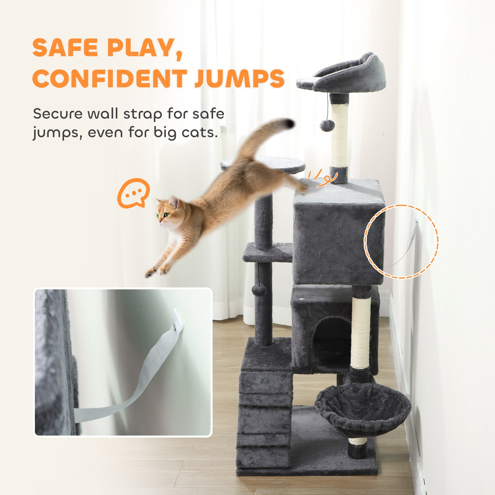 140cm Large Cat Tree Tower with Sisal Scratching Posts, Cat Houses, Plush Perches, Hammock, Ladder, Dark Grey