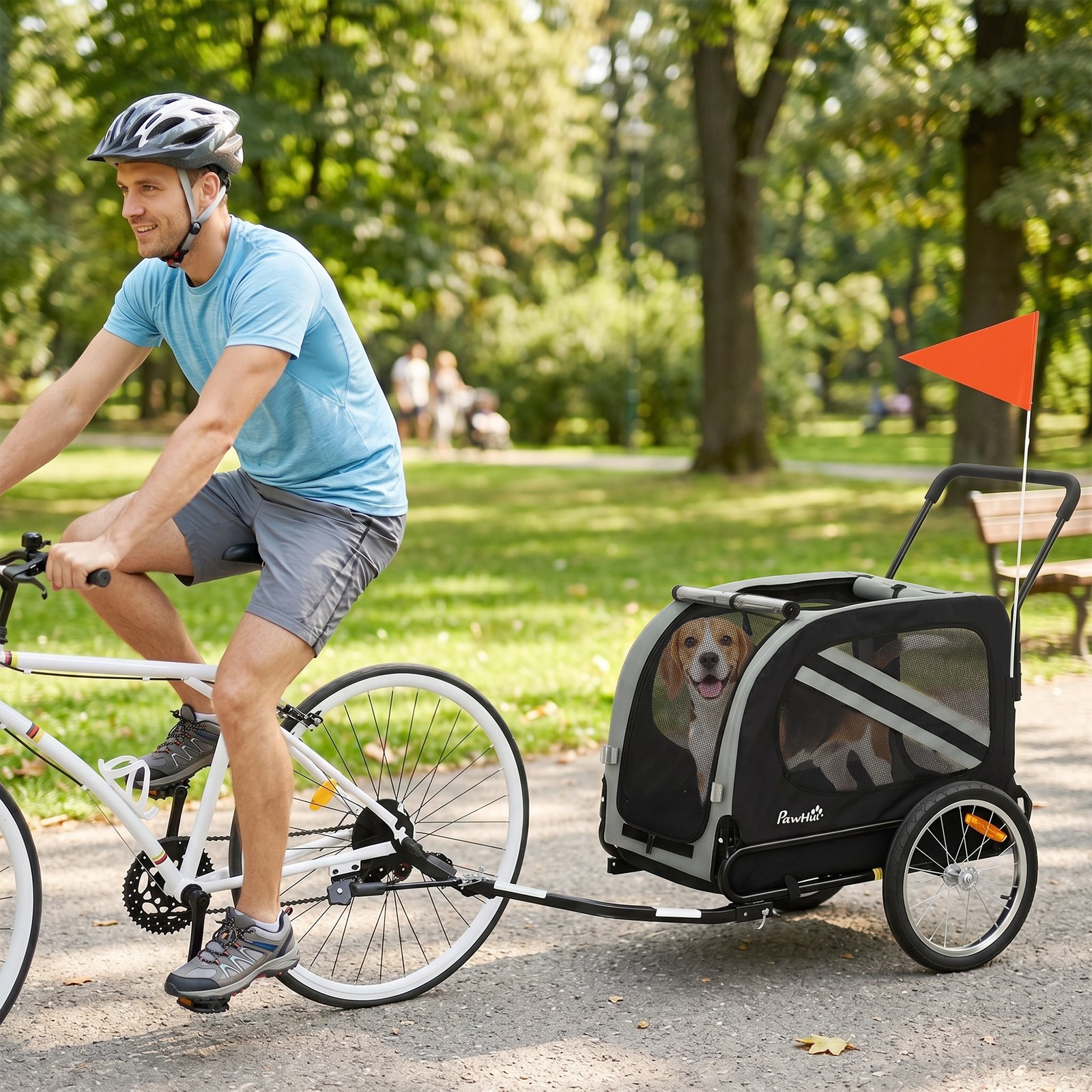 2-In-1 Pet Bike Trailer Dog Stroller Pushchair with Universal Wheel Reflector Flag Grey
