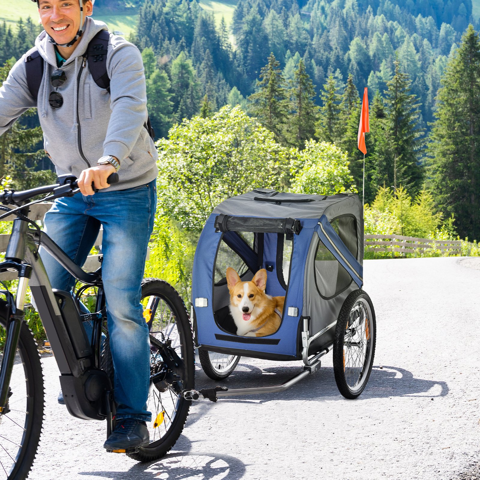 Folding Dog Bike Trailer Pet Cart Carrier for Bicycle Travel in Steel Frame with Hitch Coupler - Blue & Grey