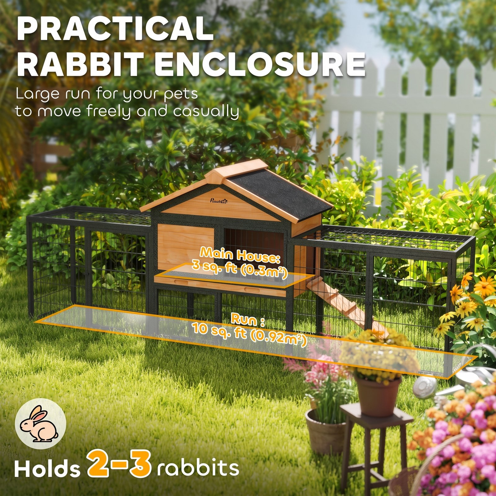 Wooden Rabbit Hutch Outdoor with Steel Run, Wooden Guinea Pig Cage with Removable Plastic Tray, Asphalt Roof, Ramp